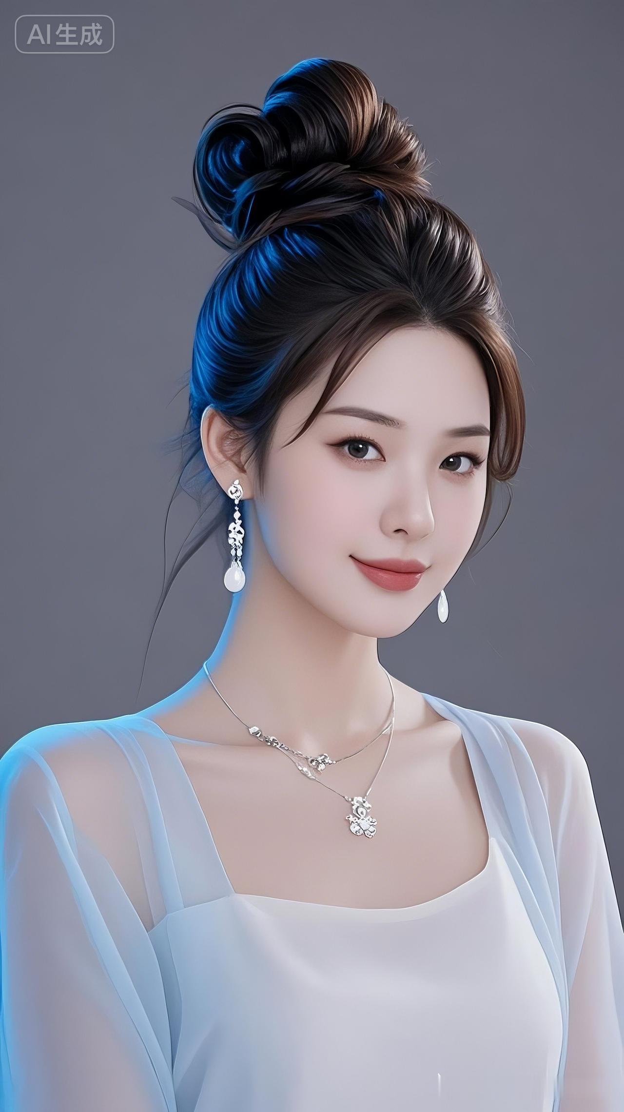 少女化精致妆容，棉麻雪纺上衣搭配成套精致首饰，温柔浅笑。纯色灰背景辅以蓝色冷光，