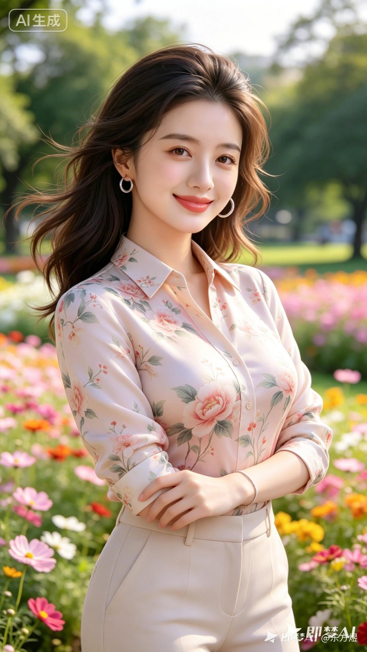 春日花海中的甜美少女，粉色衬衫与白色裤子相得益彰，自然光线下更显清新动人。🌸?