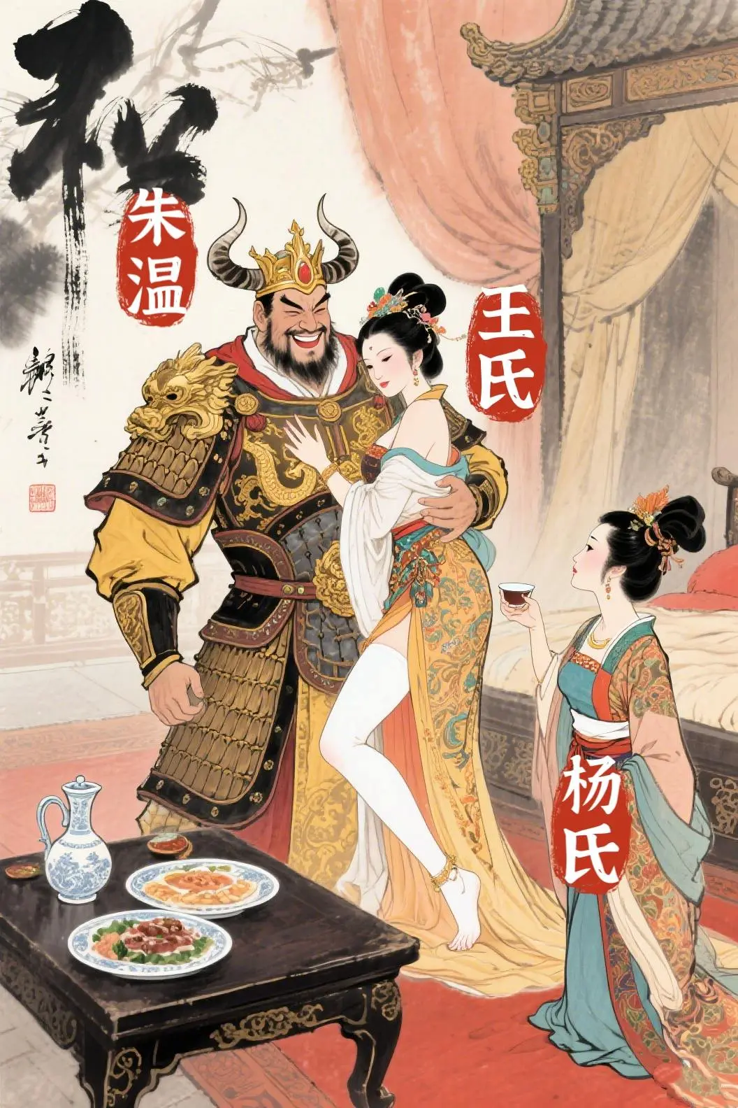 朱温晚年常召儿媳入宫，竟立养子朱友文为君。