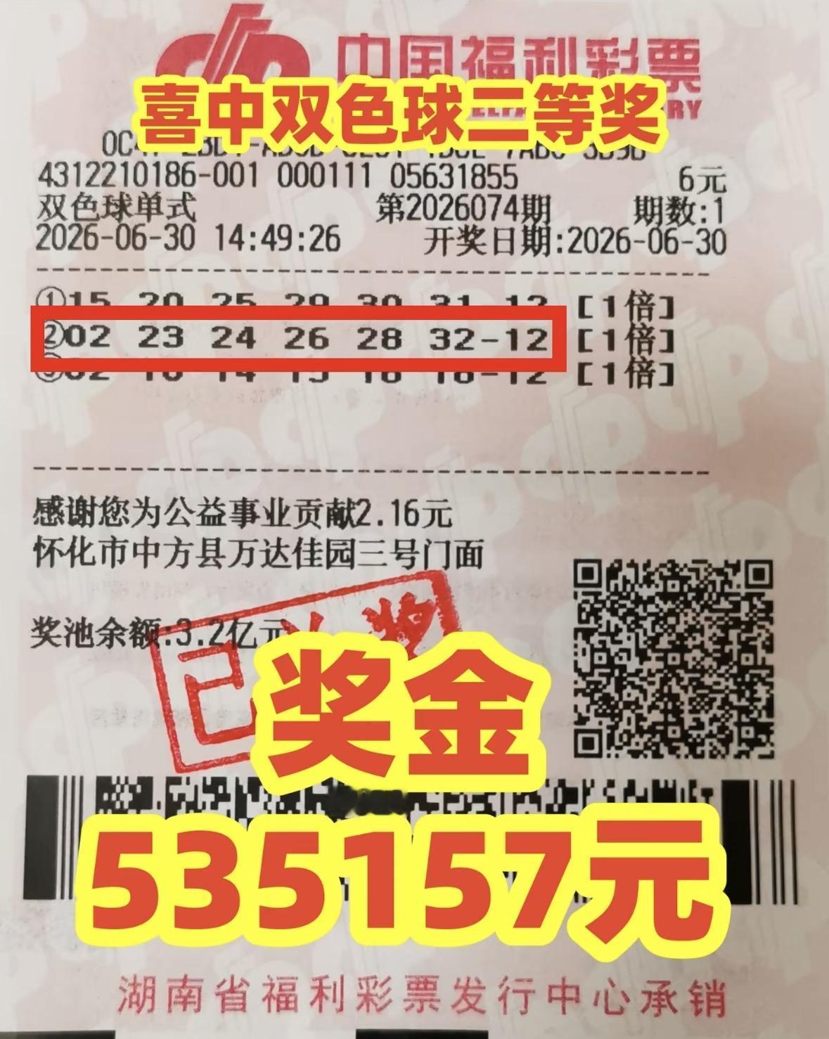 6元命中二等奖！只差一号错失八百万头奖。

双色球26074期开出98注二等奖，