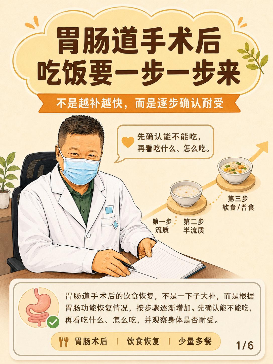 胃肠道手术后，吃饭要一步一步来。