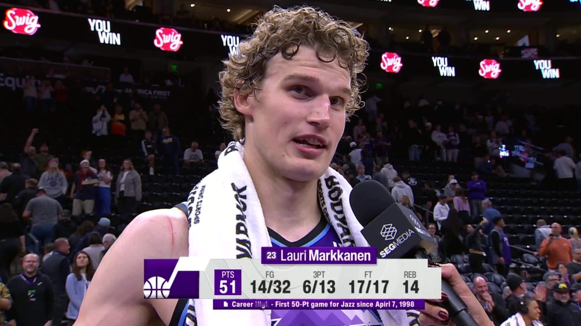 赛季第四个50+：马尔卡宁，生涯最高，也是爵士队史在1998年后的第一个50+。