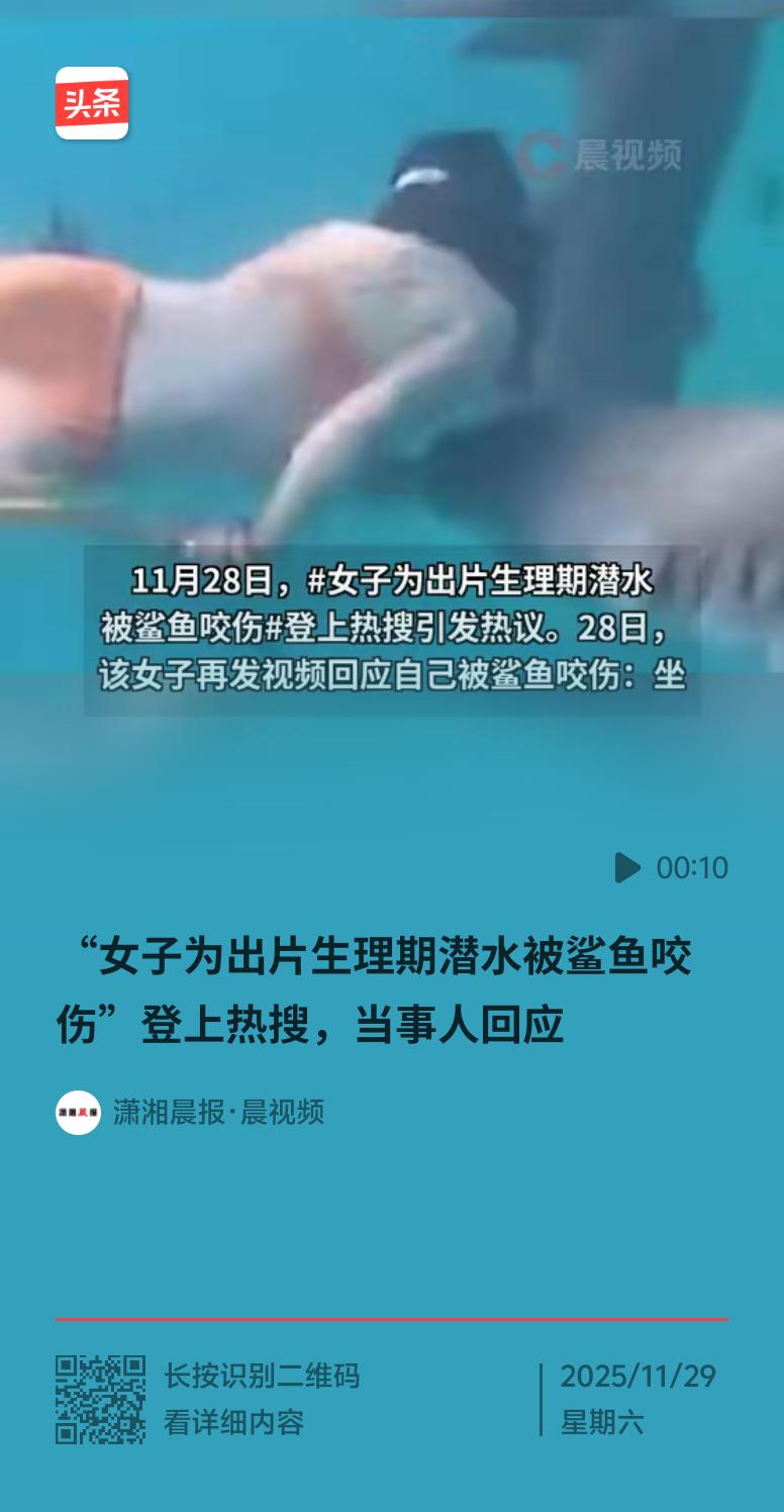 最近“中国游客在马尔代夫潜水被鲨鱼咬伤”的事儿闹得挺火。11月22日，网友小雨发