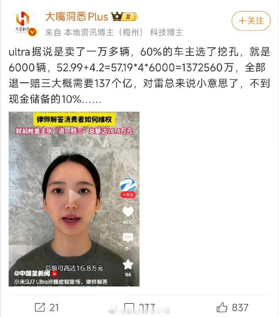 赶紧买小米SU7 Ultra 挖孔版，小米退一赔三！57.19万✖️3＝171.