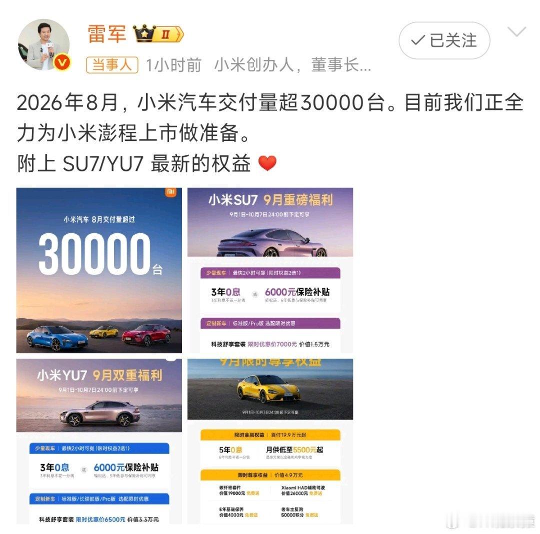 雷军回应小米汽车8月交付量8月小米汽车交付超30000台，等小米澎程上市后，估计
