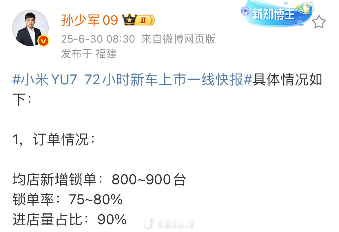 小米YU7这个成绩太可怕了，均店新增锁单800-900台，销售也太轻松了[喵喵]