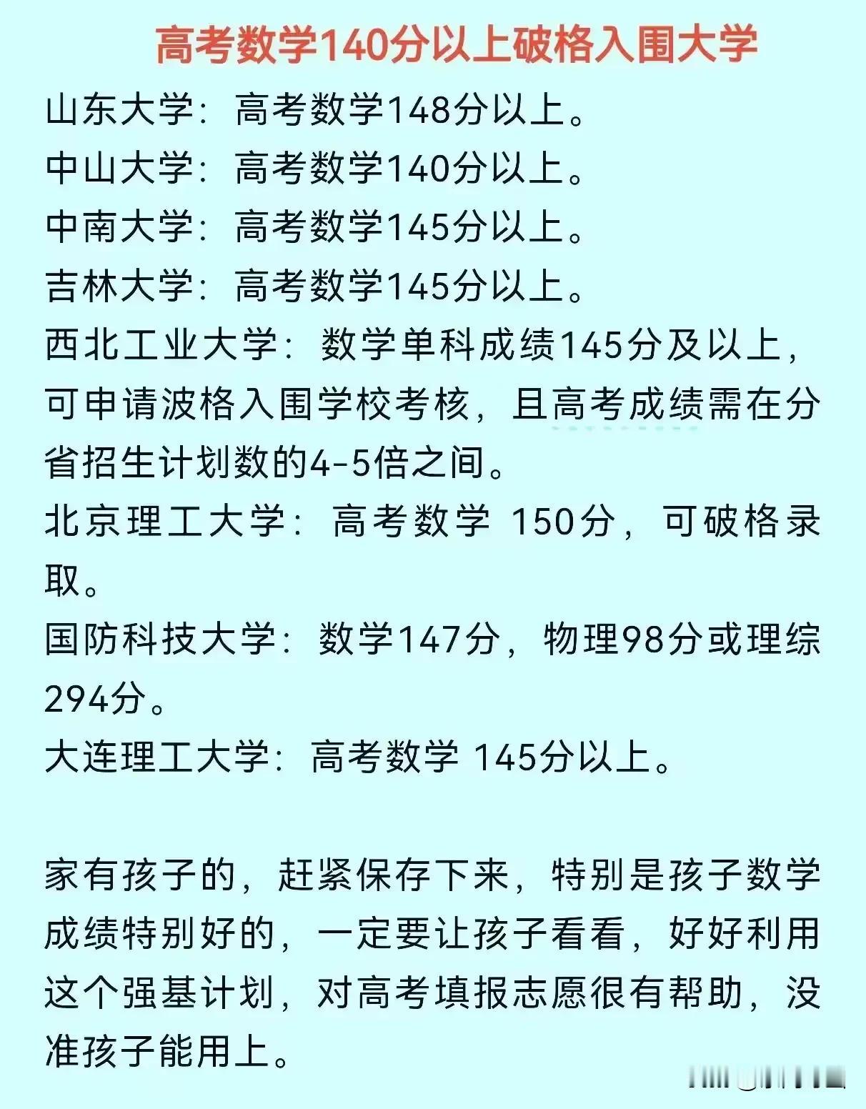 高中
2025年已经公布
数学成绩只要达到140分以上，便可破格录取的大学。
这