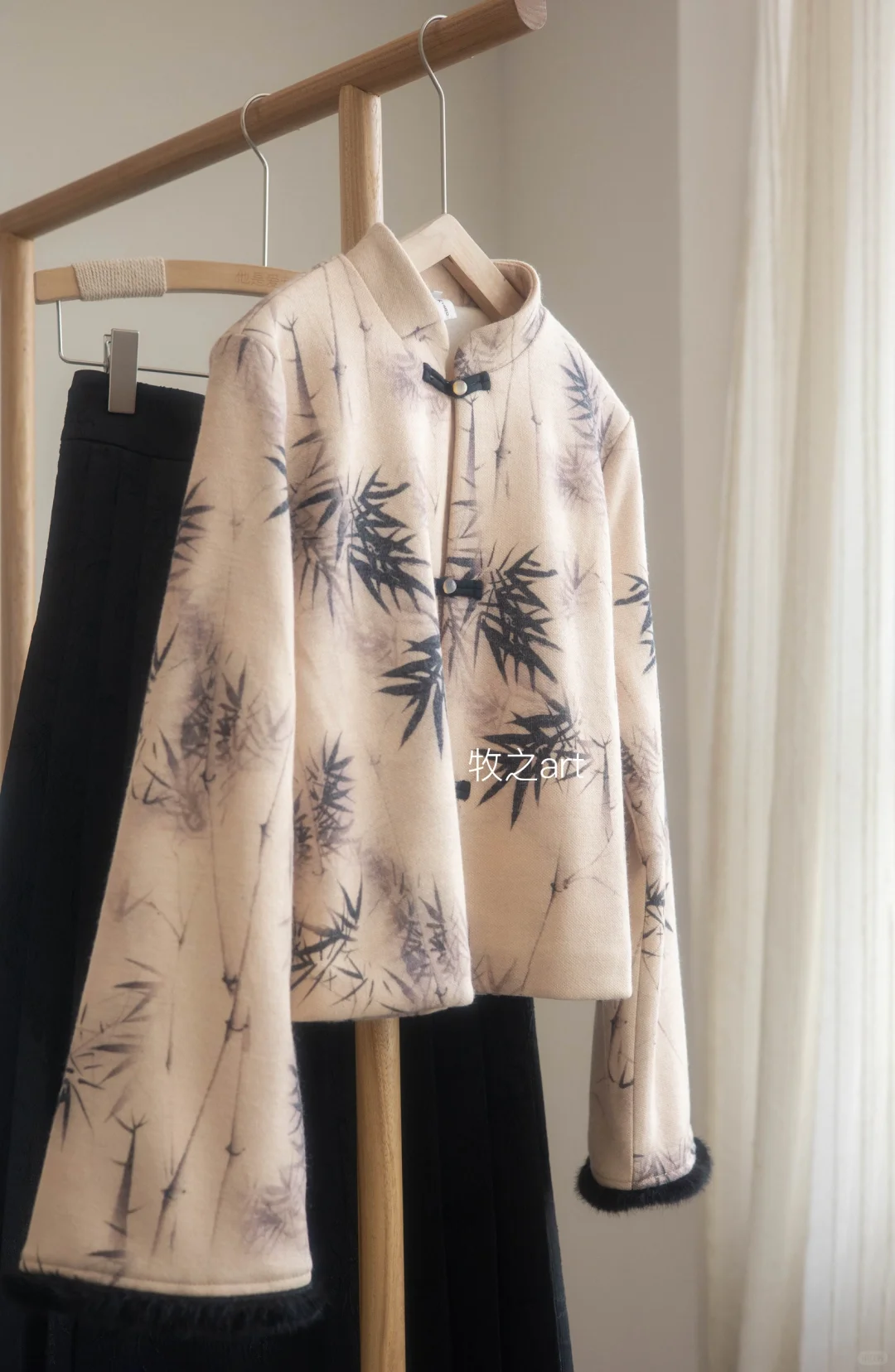中式清冷感｜竹叶墨染加绒上衣