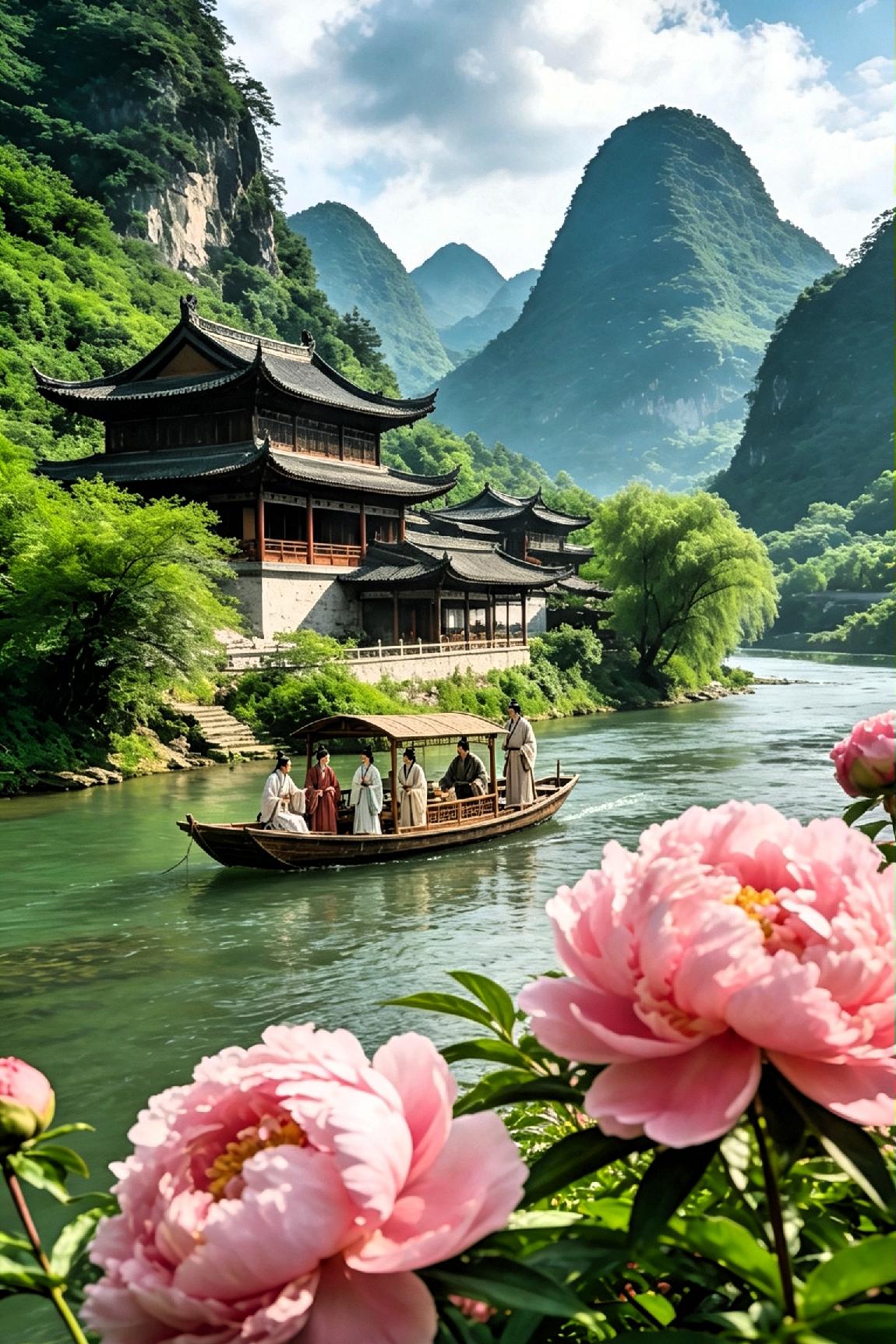 《江上行》

 
孤帆摇影入沧波，万里江天一望赊。

两岸青山衔落日，半川白鹭逐