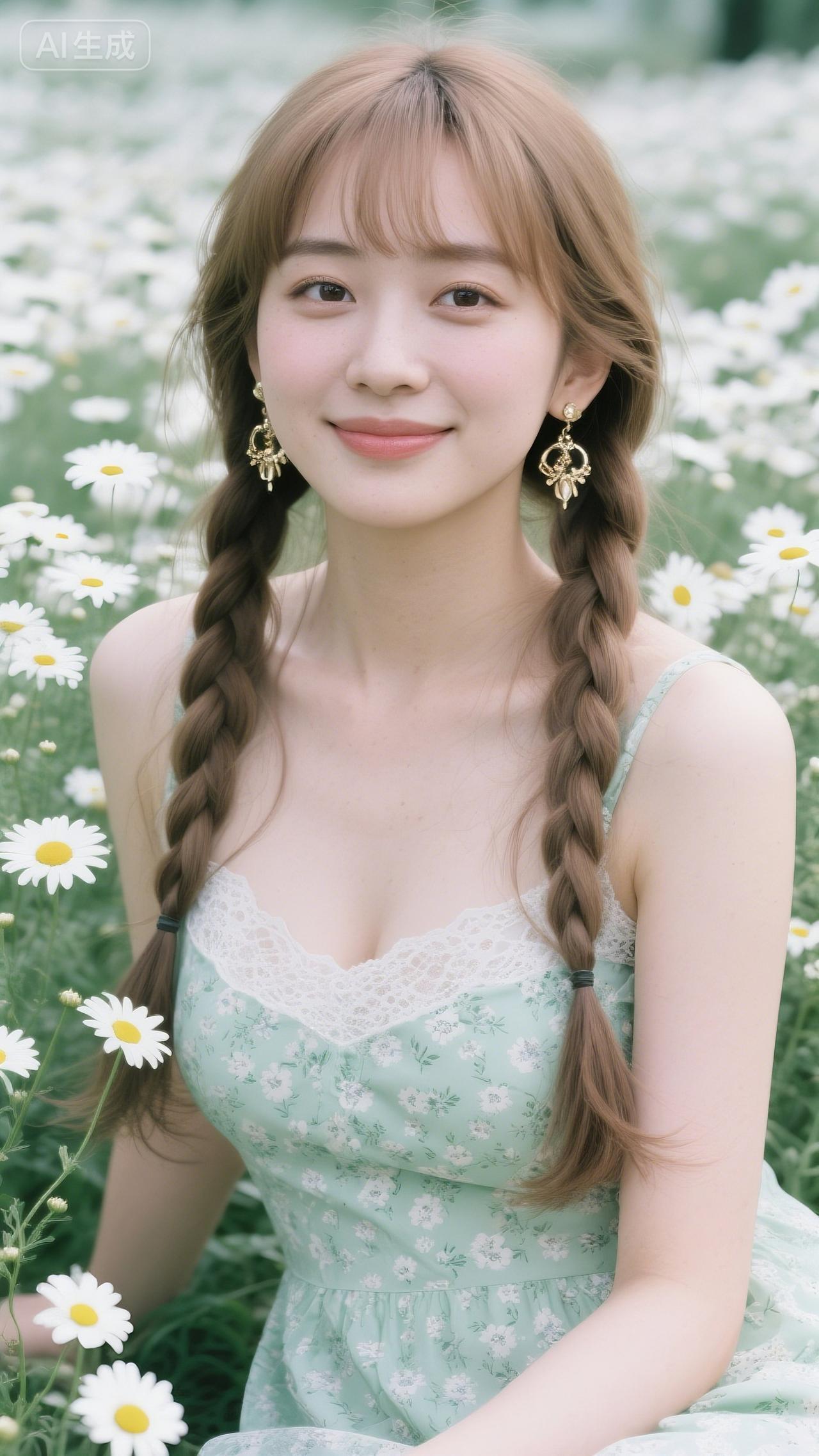 雏菊丛里，薄荷绿裙裹着软甜，双麻花辫缠着凉丝丝的碎花巾，她一笑，连风都浸满了春天