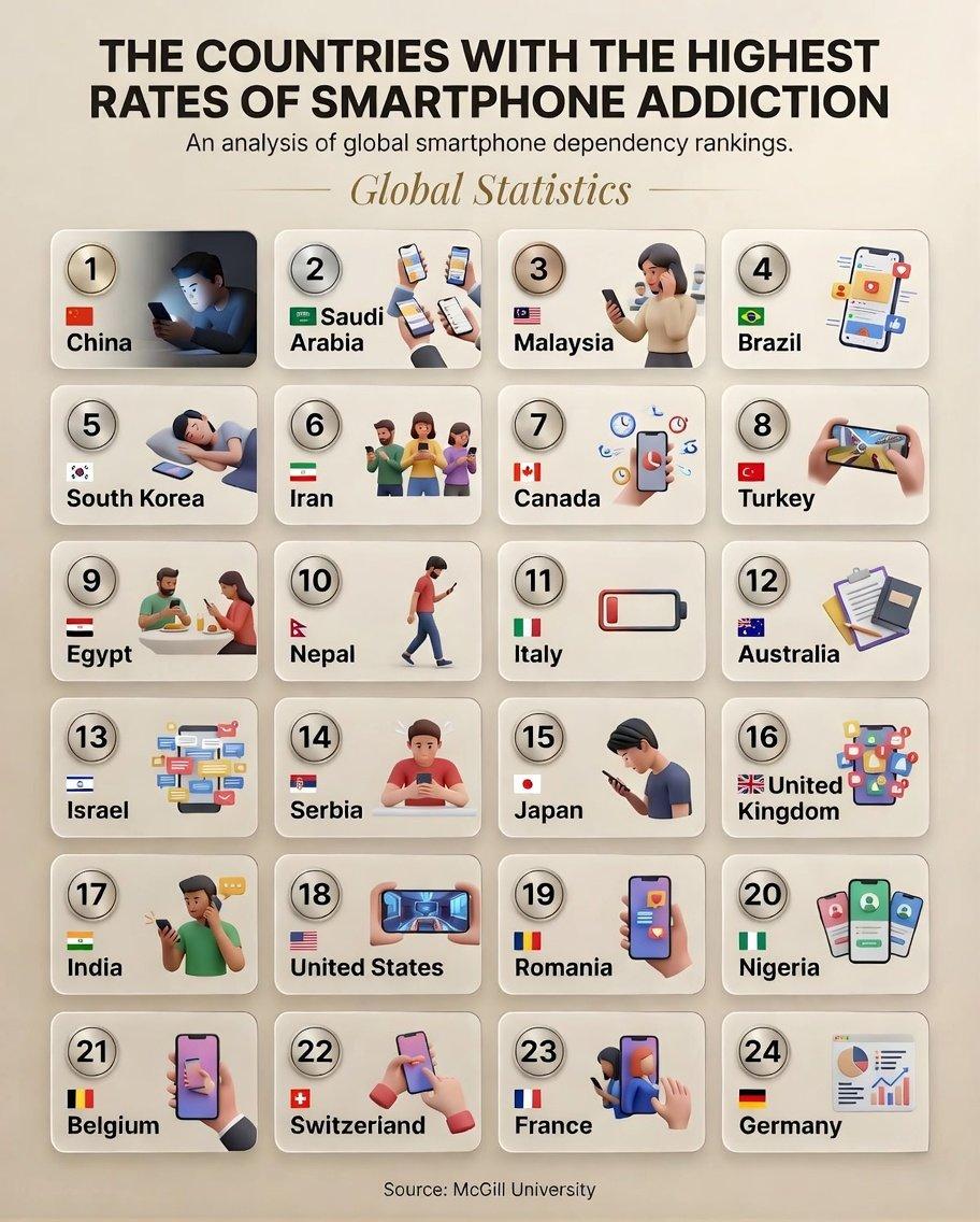 智能手机成瘾率最高的国家/地区 📱
1. 🇨🇳 中国
2. 🇸🇦 沙特
