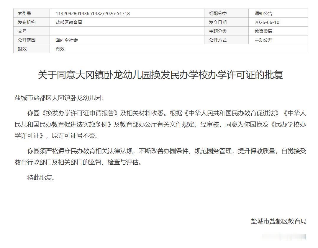 盐都区教育局发布批复，同意盐城市盐都区大冈镇卧龙幼儿园换发《民办学校办学许可证》