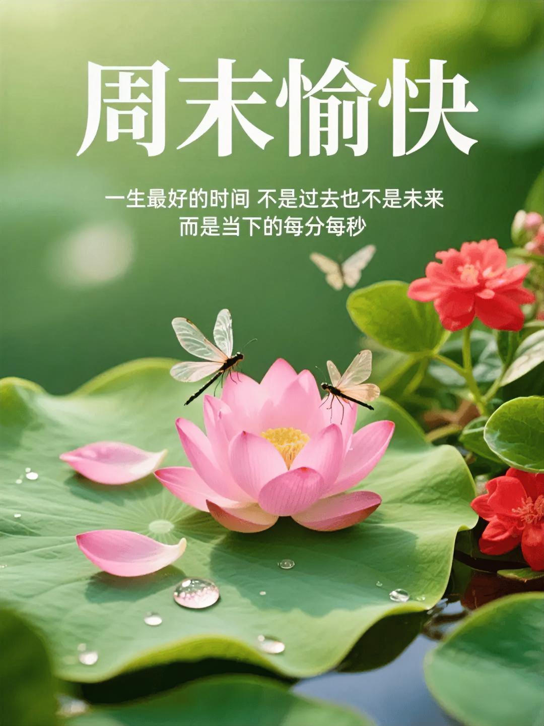 🌸周末愉快！把烦恼丢进池塘，看蜻蜓吻荷花。当下每分每秒，都是治愈自己的好时光呀
