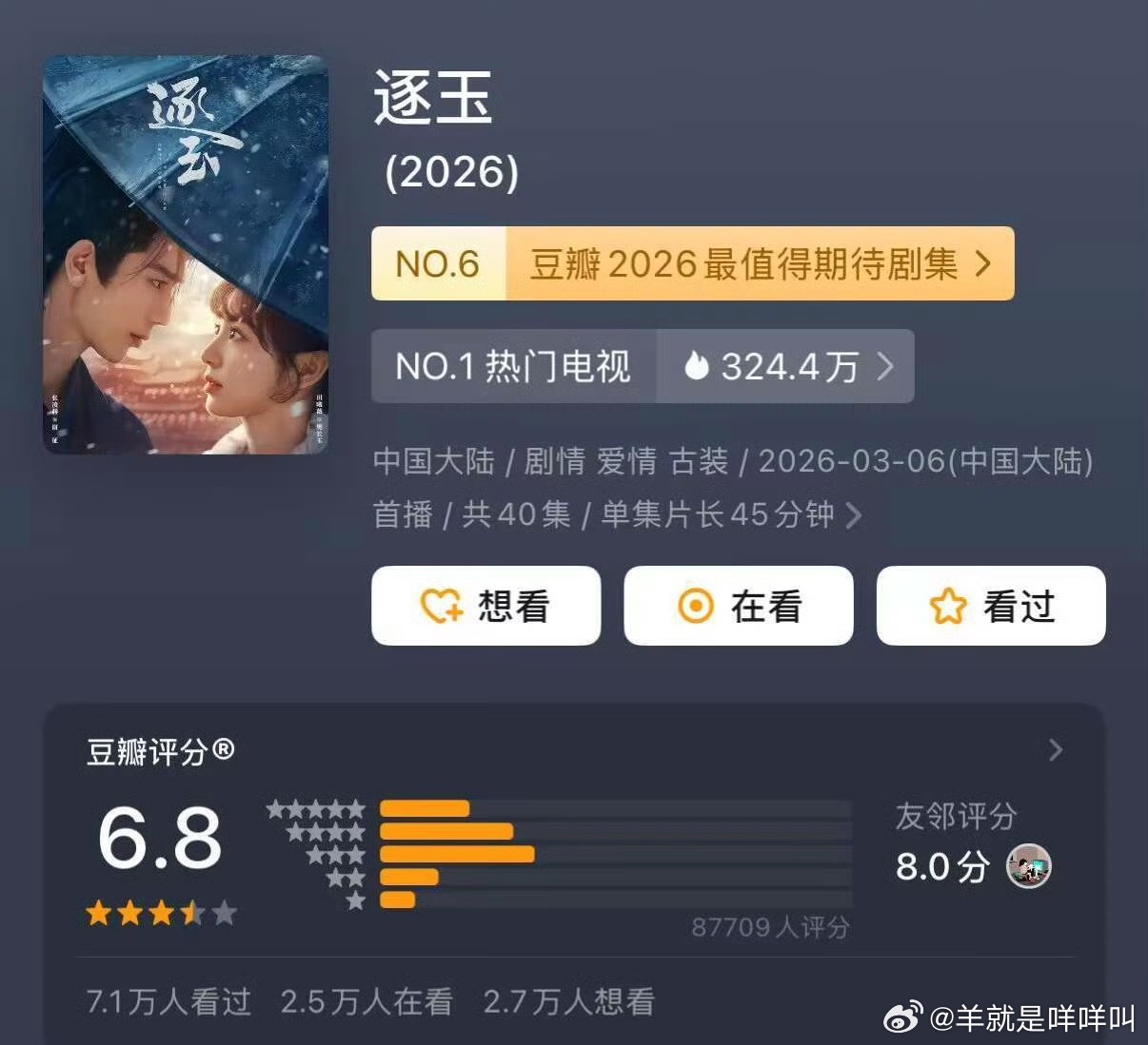 《逐玉》豆瓣开分6.8 分 