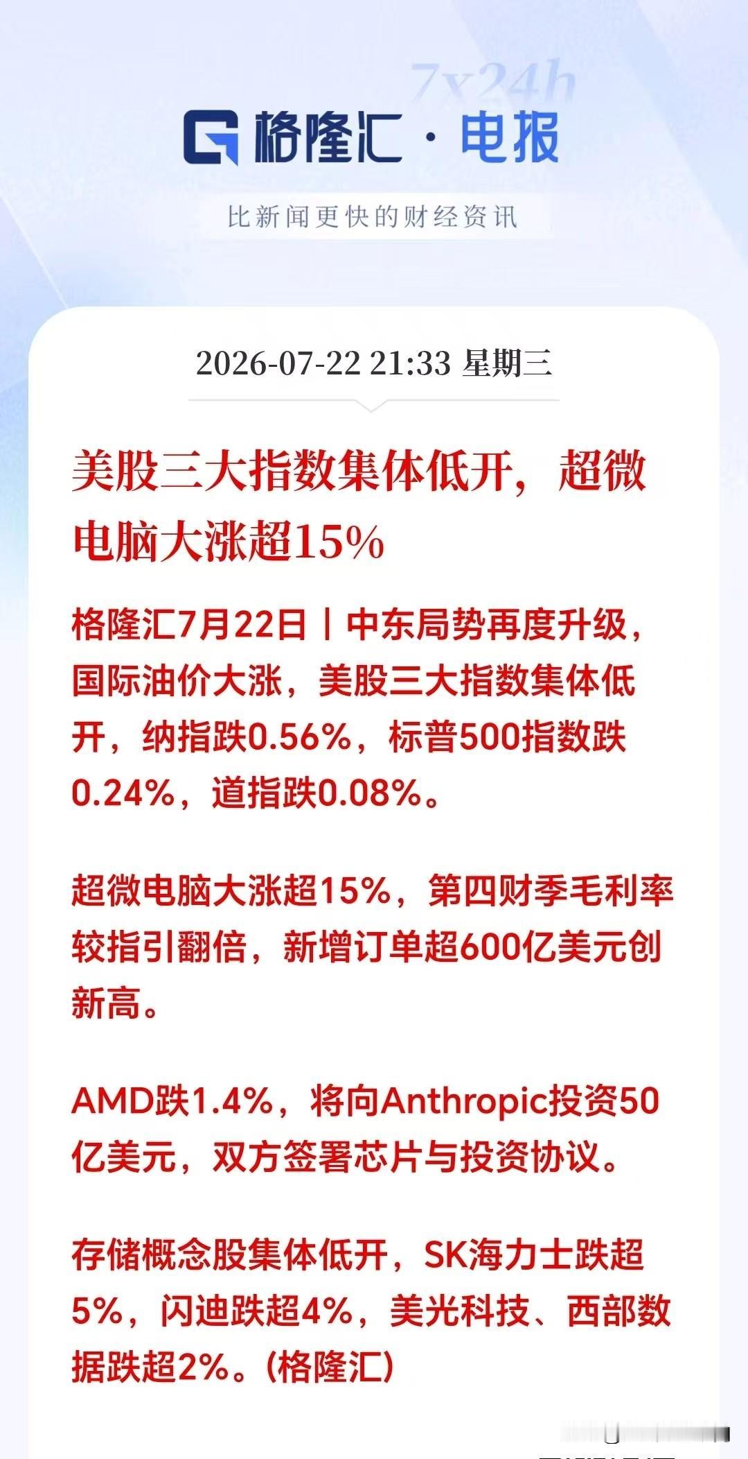 夜盘外围突发利空消息：

满仓大科技的老铁们明天恐怕要吃面条了。

美股夜盘：存