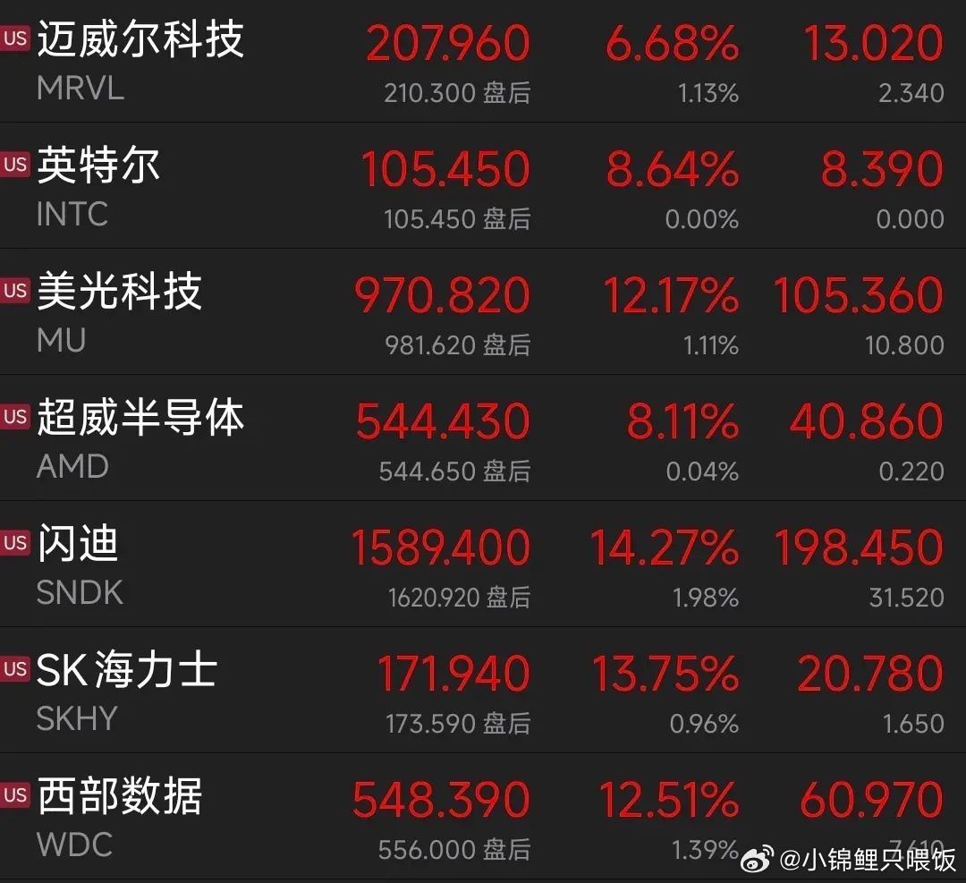 美股科技反弹，纳指上涨1.29%，半导体指数大4%，存储大涨：西部12%,闪迪1