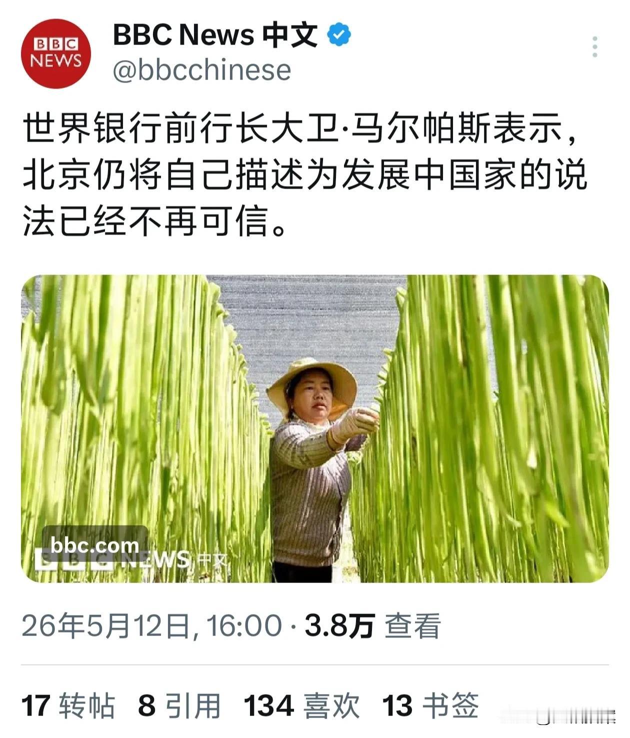 世界银行前行长马尔帕斯∶中国不应该被定义为“发展中国家”，将中国描述为发展中国家