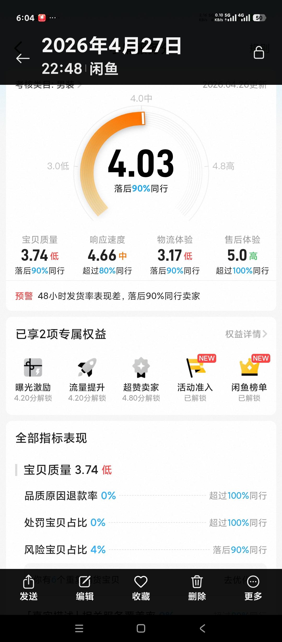 吹嘘一下我在闲鱼的小店。
各种考核标准似乎都不高。但是售后体验却是满满的100%