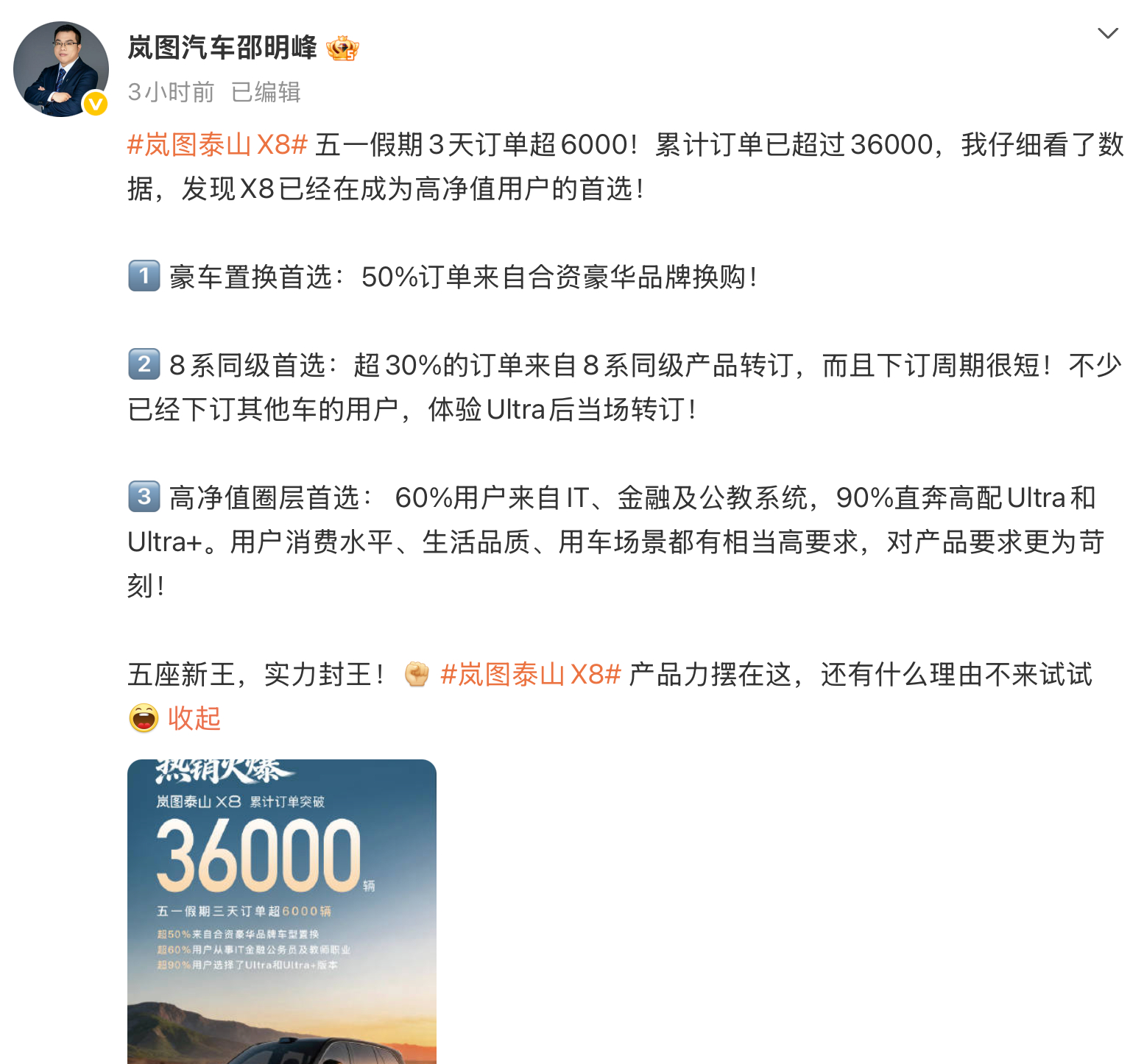看邵总的战报，岚图泰山X8 4月22日开启预售，至今已经36000个订单，其中五