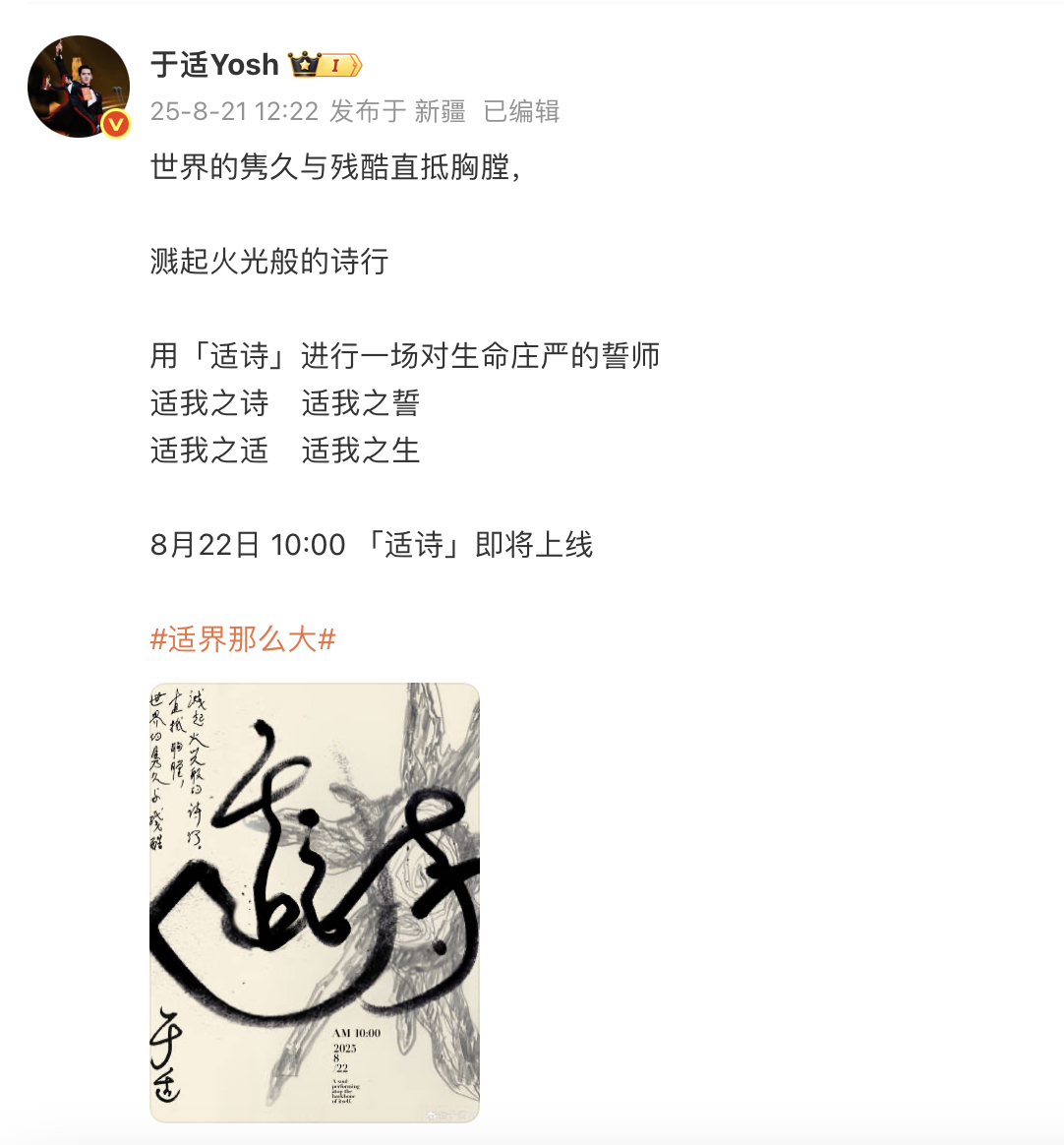 于适官宣新专辑用了五个适 五个“适”，五重灵魂维度。从“适我之诗”到“适我之生”