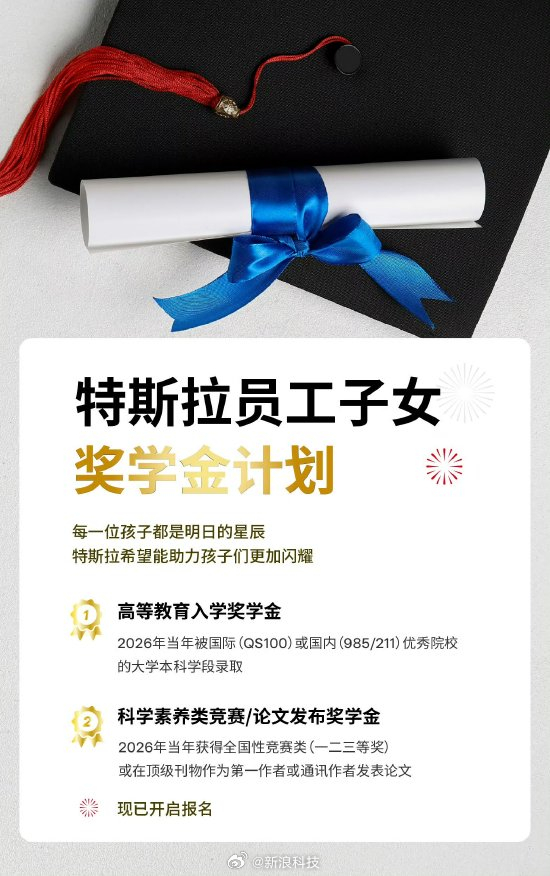 【特斯拉中国为员工子女设奖学金：考上985、211最高奖5000元】今日，特斯拉