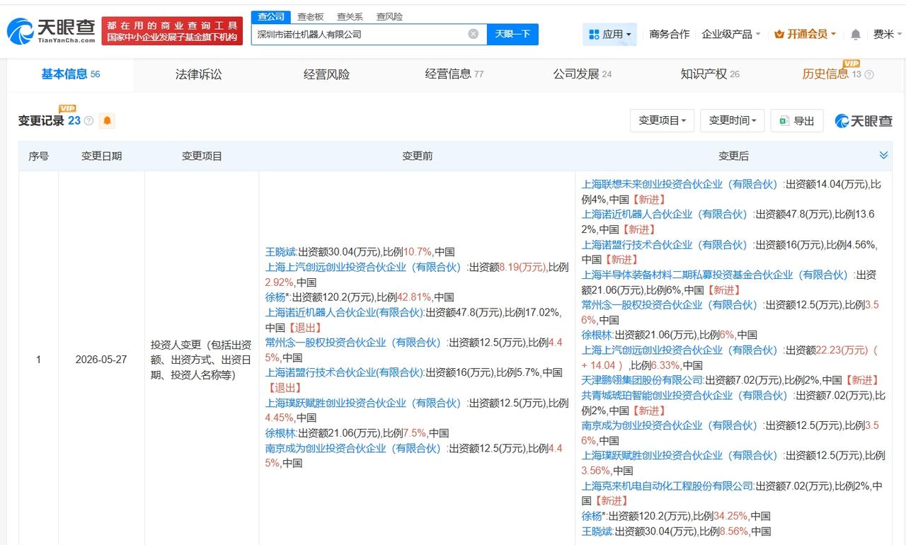 联想创投等入股诺仕机器人

天眼查App显示，近日，深圳市诺仕机器人有限公司发生