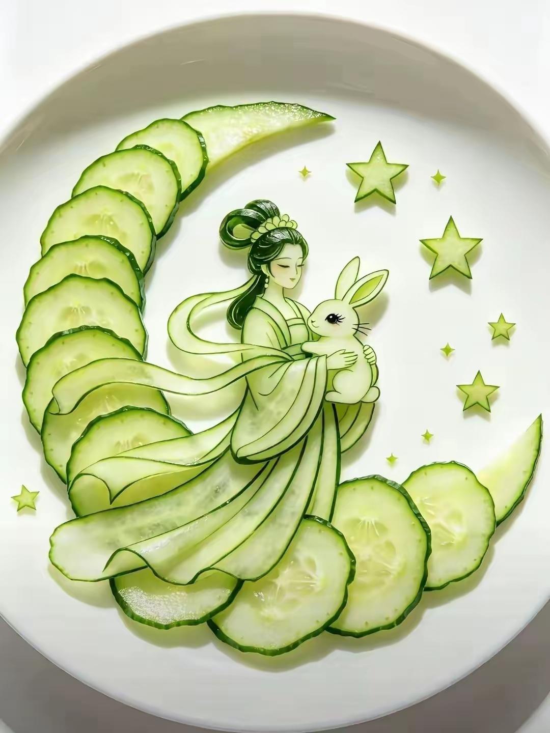 美食趣味摆盘太亮眼了

图片1，一根黄瓜，摆出了嫦娥奔月如梦似幻的感觉。
图片2