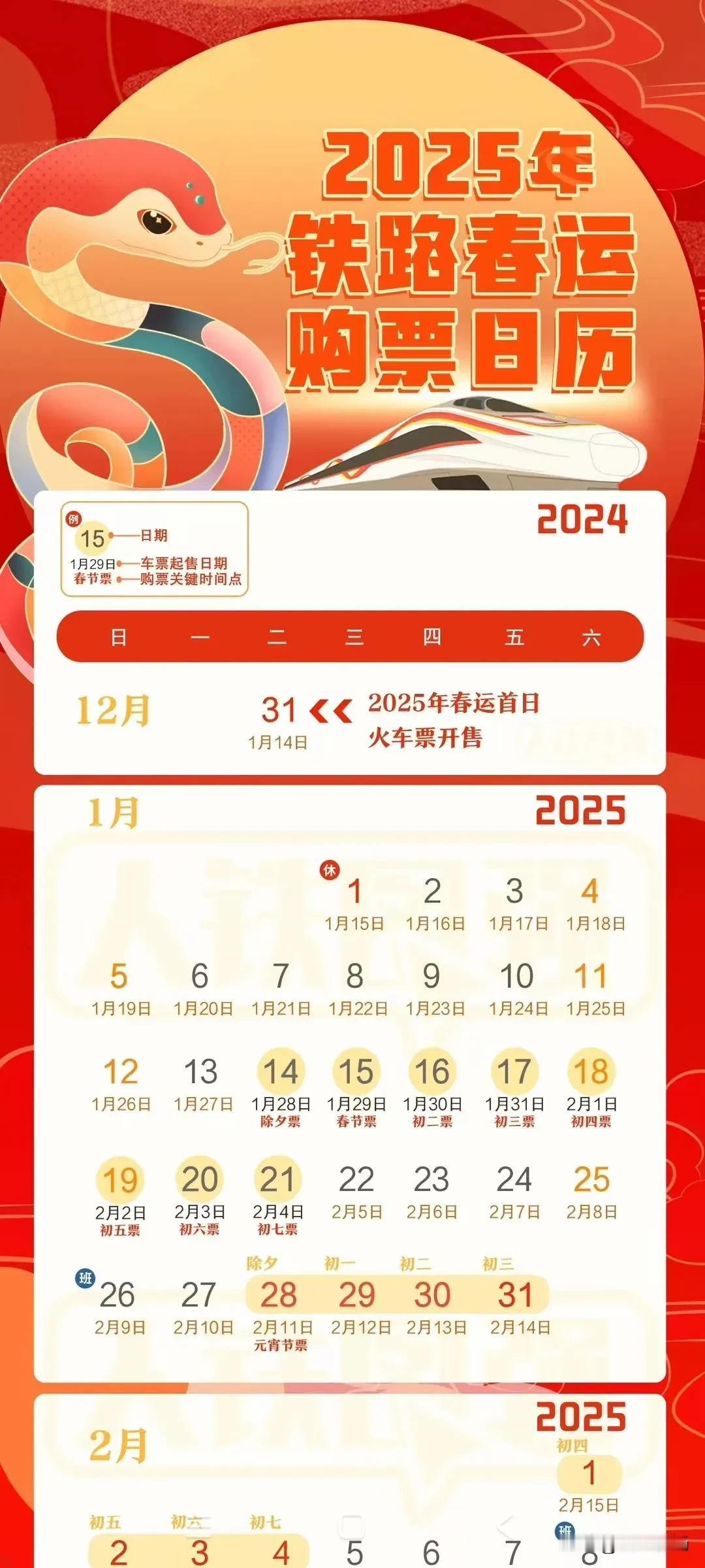 2025年春运将于1月14日正式启动。

按照目前火车票提前15天开始发售的规则