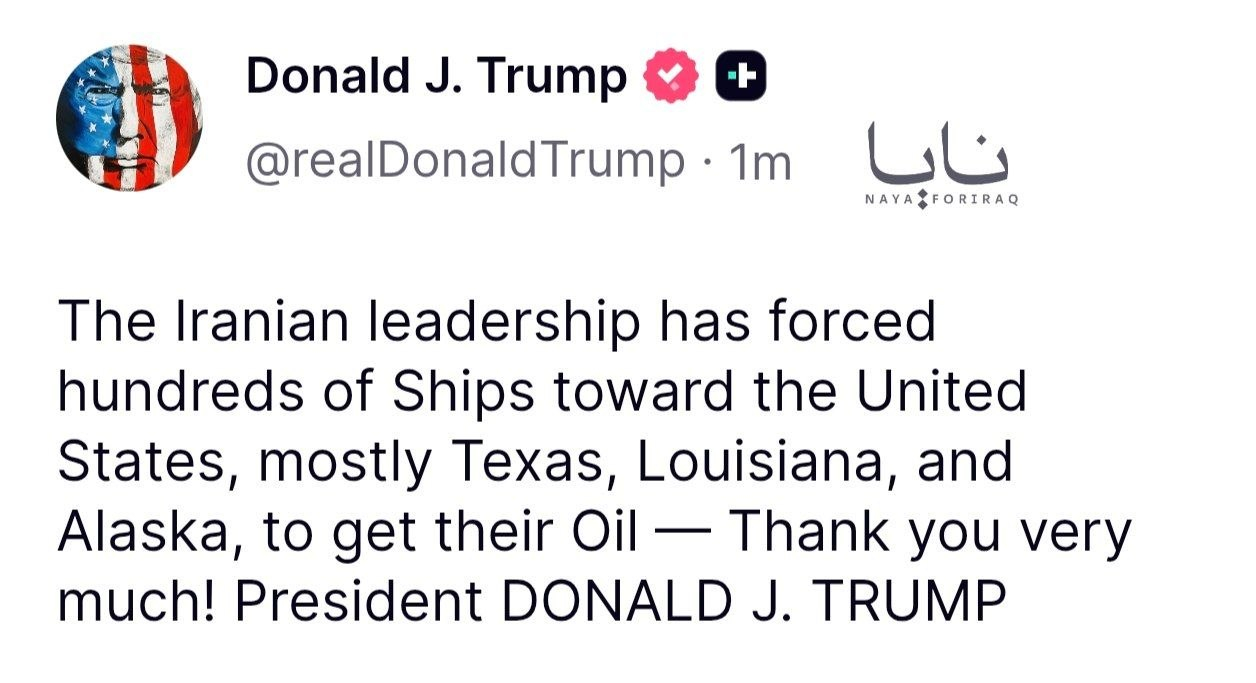 🔻特朗普连发四贴：“伊朗领导人迫使数百艘船只驶向美国，主要是德克萨斯州、路易斯