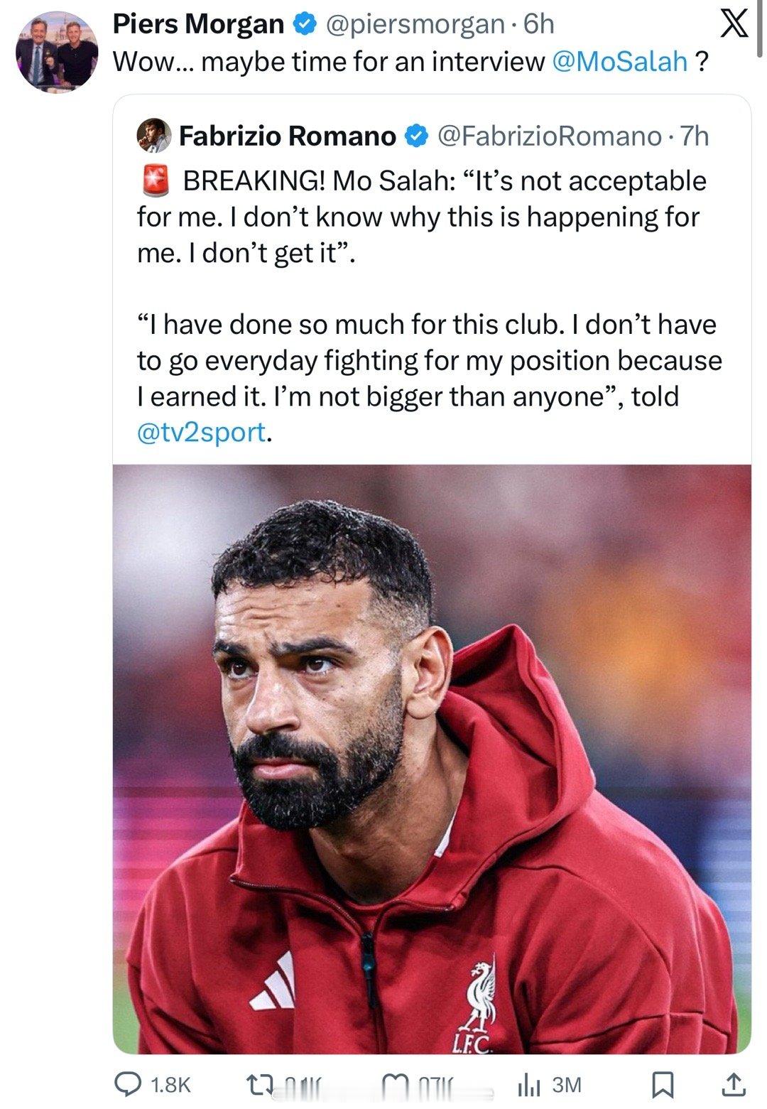 皮尔斯摩根：下一个采访你利物浦 萨拉赫