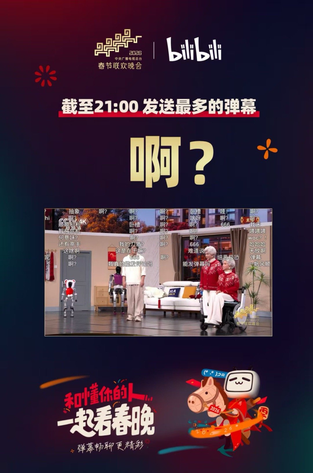 春晚直播间发送最多的弹幕 谁懂啊！春晚最火弹幕是“啊？”。蔡明小品《奶奶的最爱》