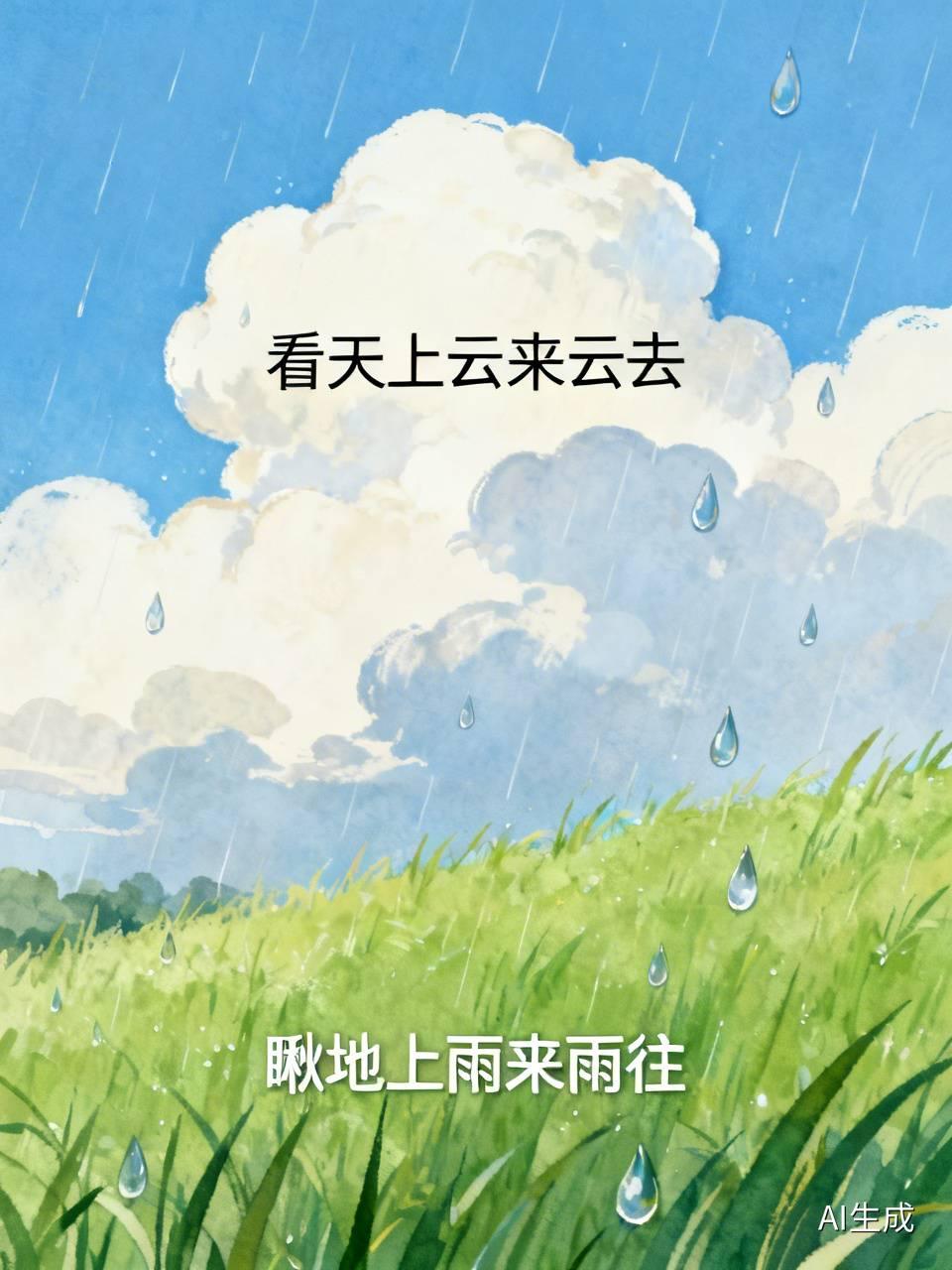 下联：瞅地上雨来雨往。