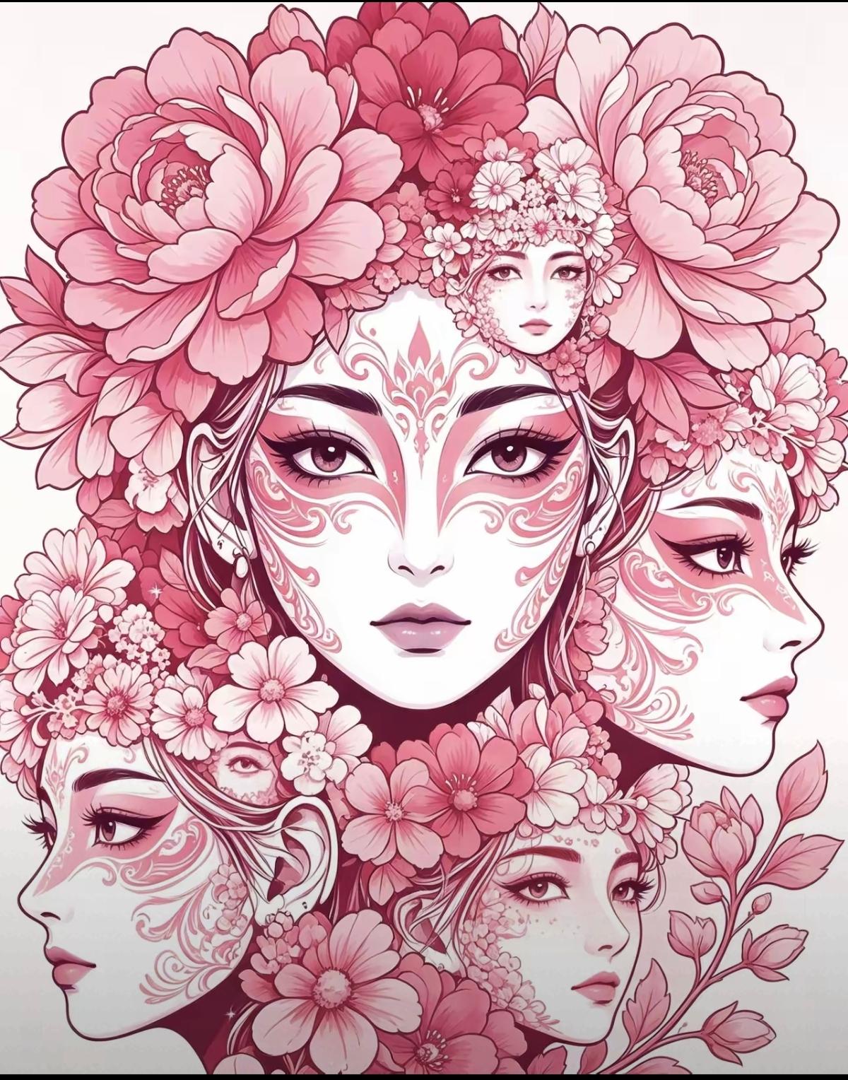 这画里的美女都长着花，非常的好看，里面藏着有8张人脸，你能全部找齐吗？