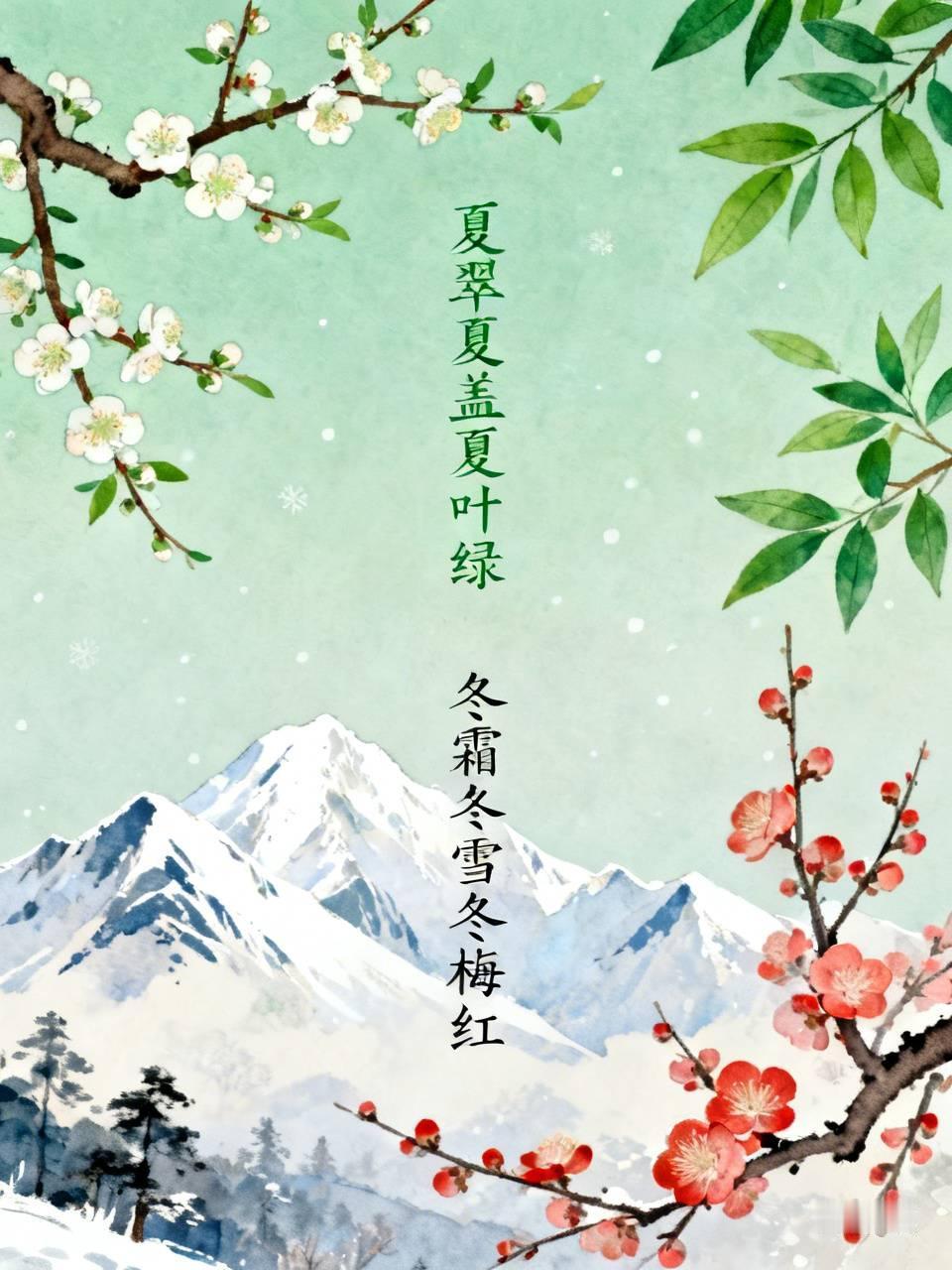 上联：夏翠夏盖夏叶绿，
下联：冬霜冬雪雪梅红。