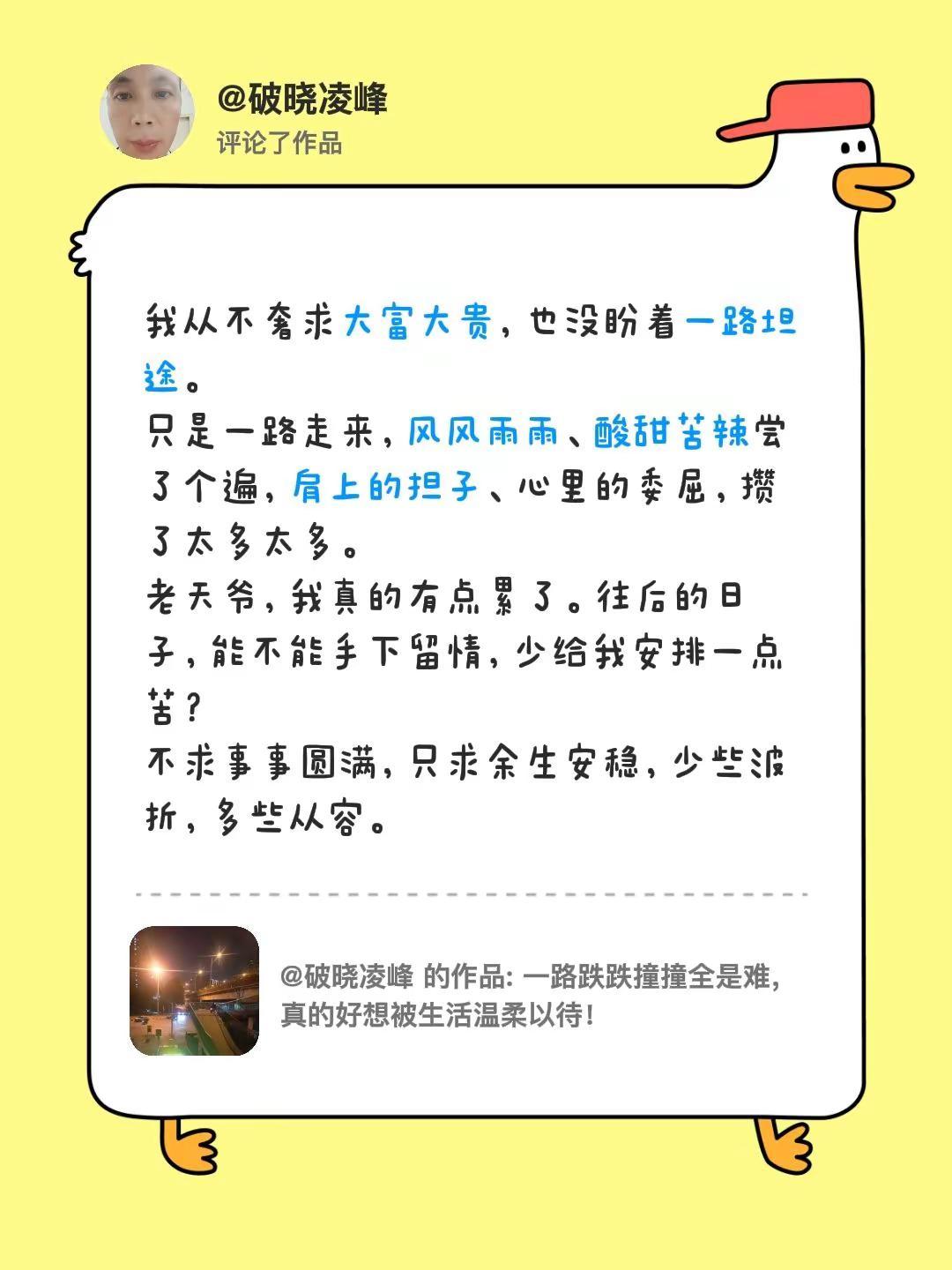 我评论了@破晓凌峰 的作品：我从不奢求大富大贵，也没盼着一路坦途。只是一路走来，