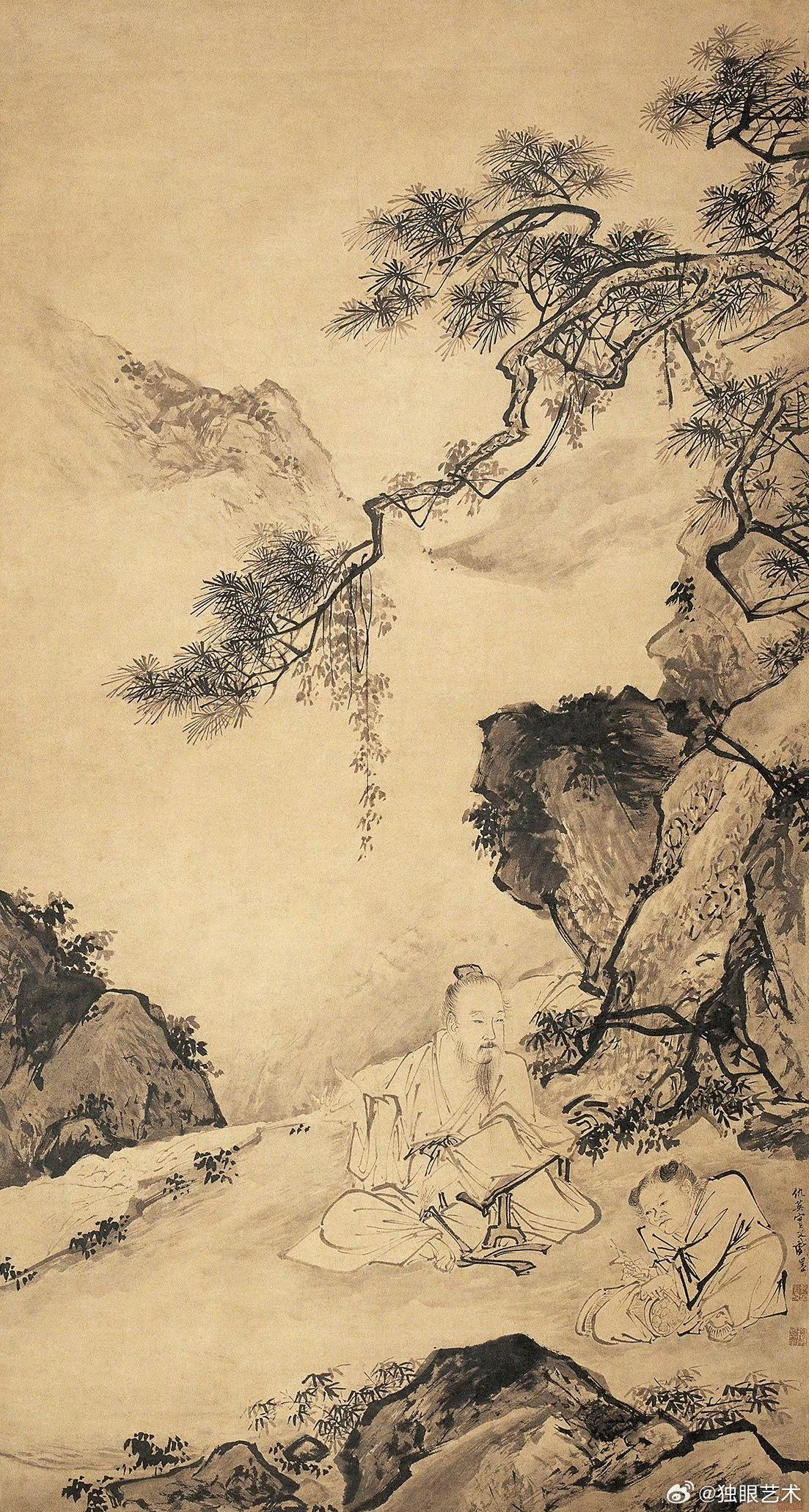 仇英的《松溪高仕图》真是一幅让人惊艳的明代画作。画面中，苍松挺拔，枝叶繁茂，仿佛