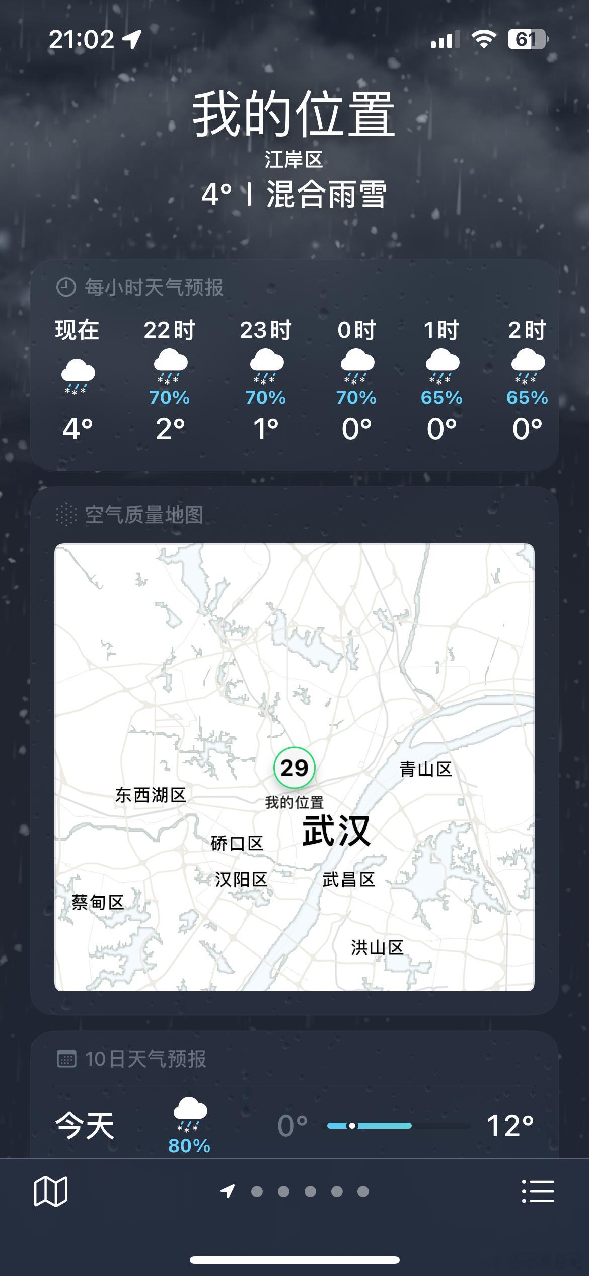 太冷了太冷了不刮风还好，刮风真的冷惨了，天气预报说今天雨夹雪，武汉在哪里下了小雪