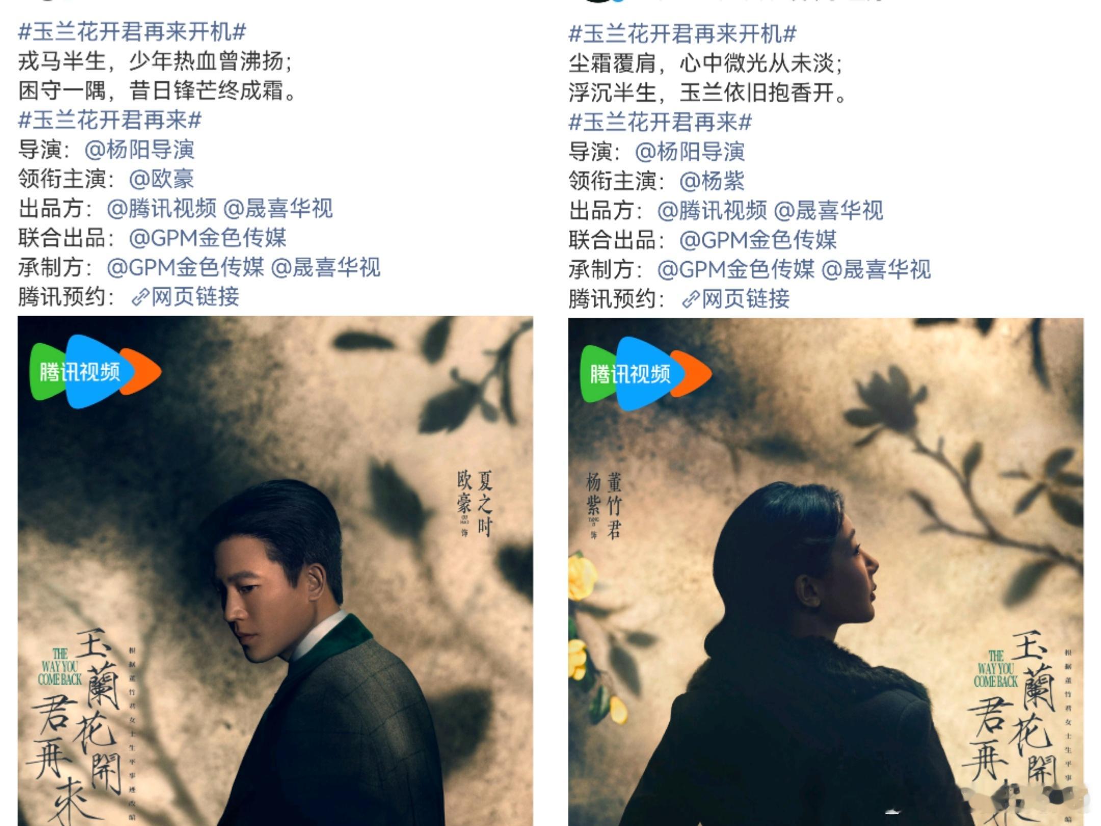 杨紫欧豪主演的《玉兰花开君再来》官宣开机！导演杨阳拍过《梦华录》《凡人修仙传》等