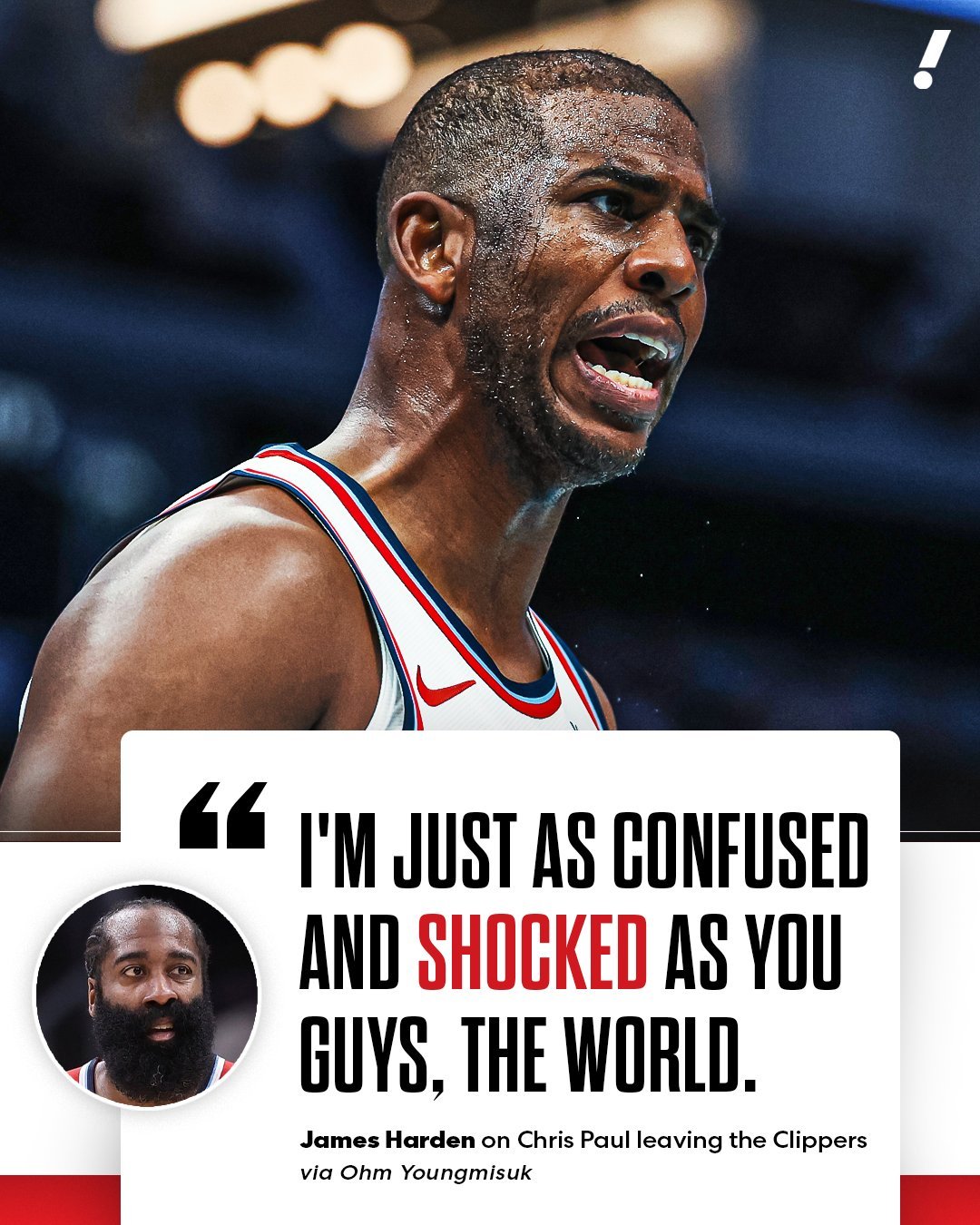 哈登谈保罗被裁：“我和你们一样震惊一样困惑。”快船太不地道了。NBA