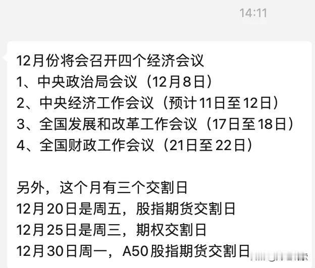 12月可真是个大事儿超多的月份呢。

经济方面要开四个会呢，中央政治局会议8号就