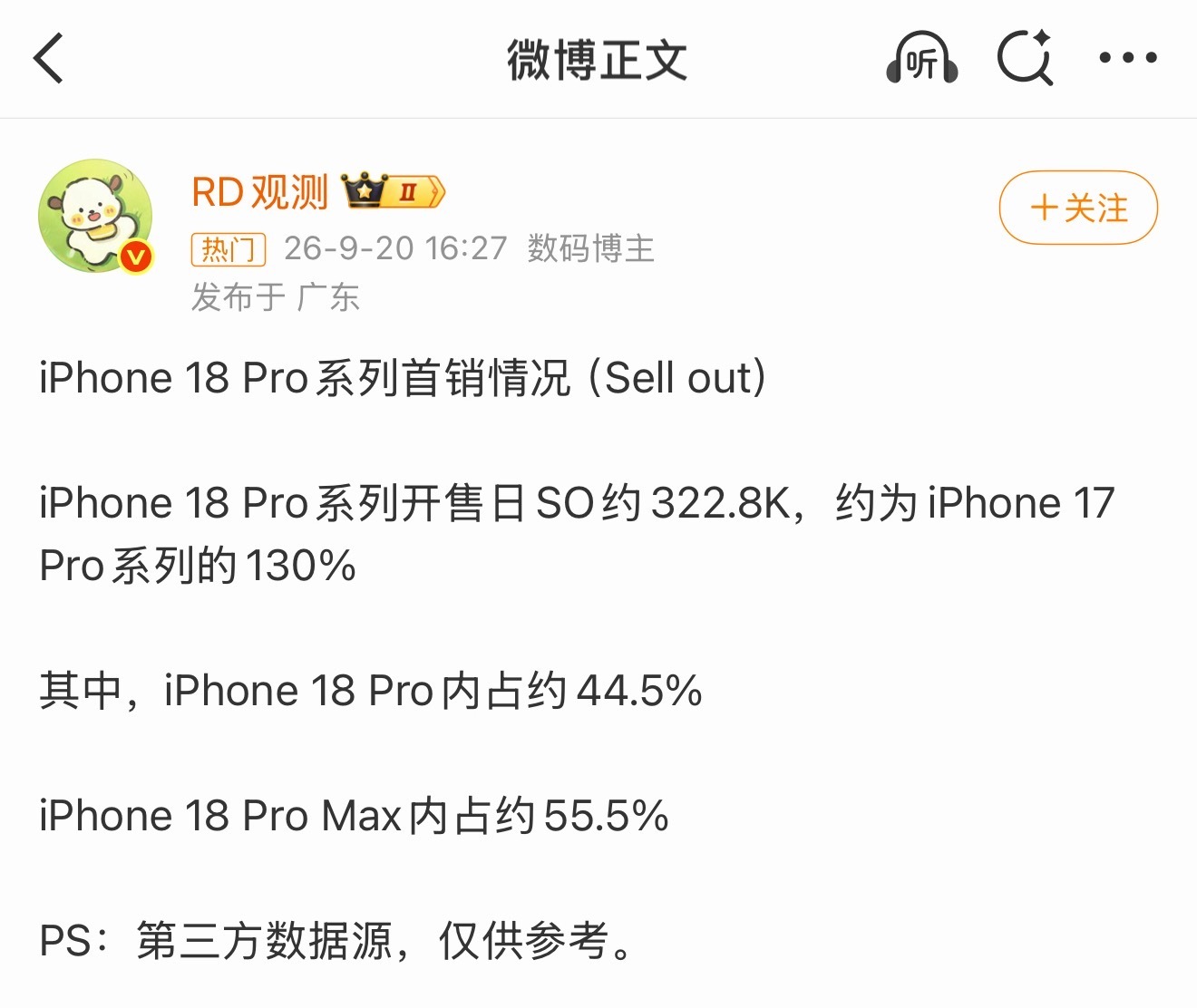 曝iPhone18Pro首销日卖出超32万台iPhone18 Pro首销日销量突