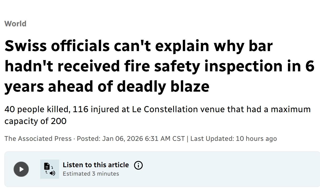 发生重大火灾的瑞士酒吧长达6年没有进行消防检查
瑞士当地当局周二表示，跨年派对发