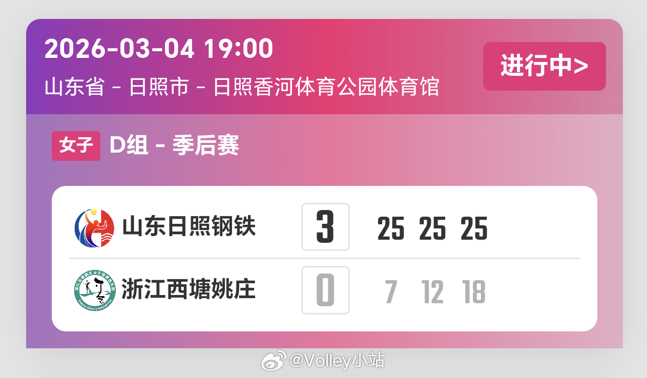 2025-2026赛季中国女子排球超级联赛季后赛第3轮，山东女排3比0浙江女排（