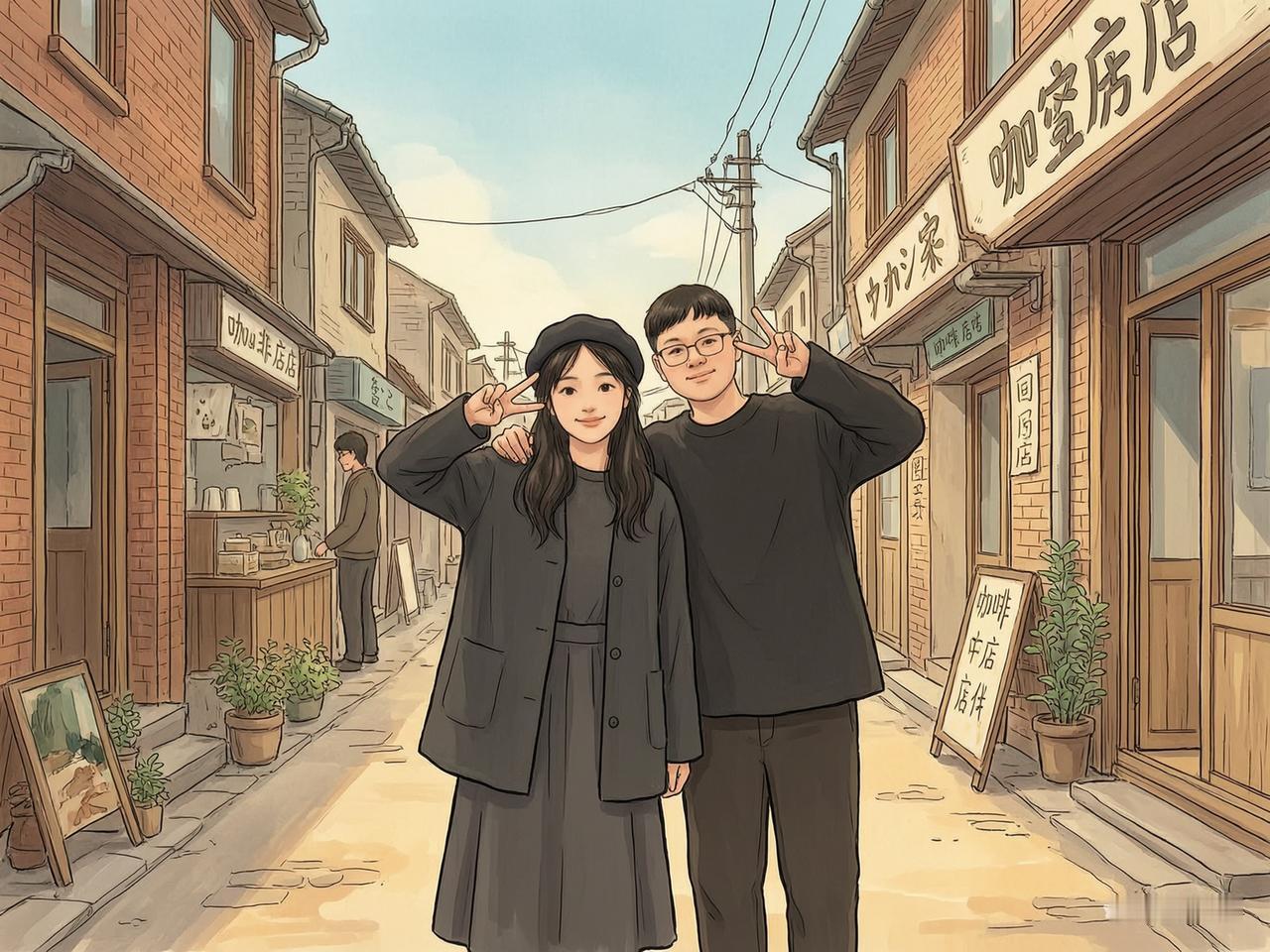 📸 冬日暖阳下的甜蜜瞬间，咖啡店前的浪漫合影💖