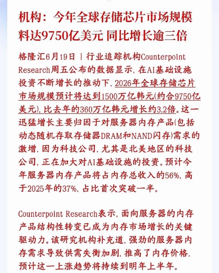 周末，存储芯片又迎来了利好消息，，今年将会破纪录 机构预测：2026年全球存储芯