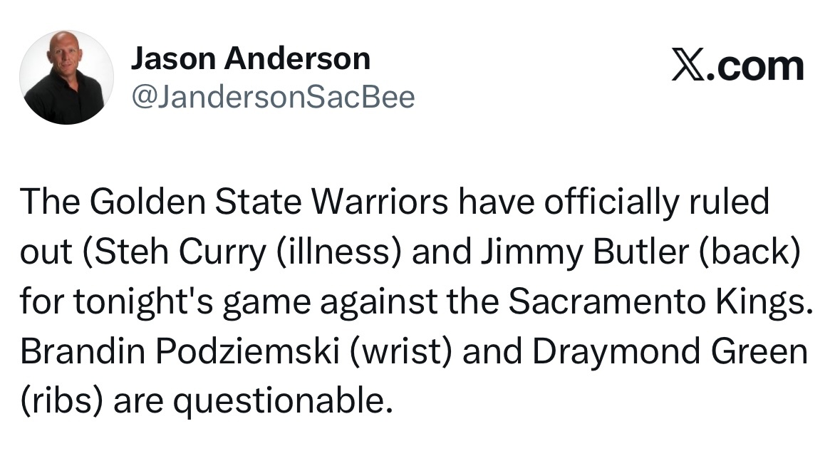 库里（生病）和巴特勒（背部伤势）将缺席今晚对阵国王的比赛。波杰姆斯基（手腕伤势）