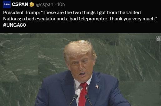 特朗普痛批联合国无用：
“我从这里得到的只有坏的电动扶梯和坏的提词器”。
那你得