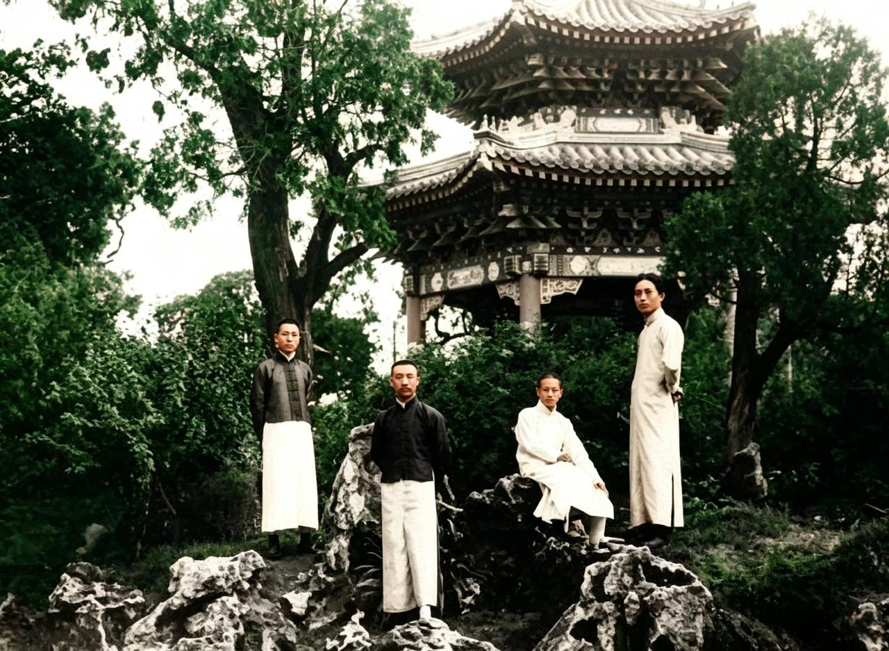 这是一九一九年雷国能、李大钊、梁簌溟与张申府（从左到右）在中山公园。背景正是中山