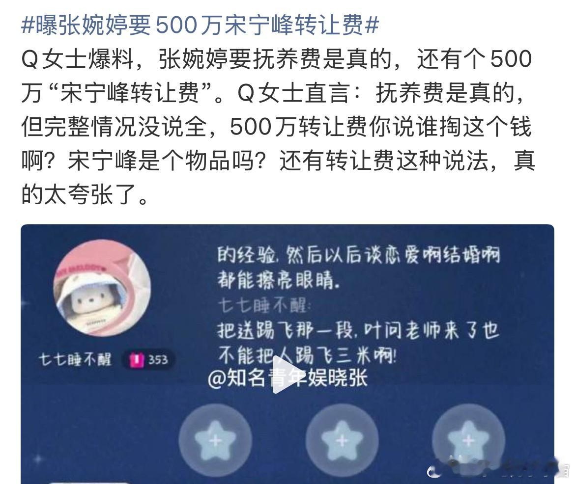 婉婷找第三方要500万宋宁峰转让费，网友罕见一致站在张婉婷这边，认为转让费没毛病