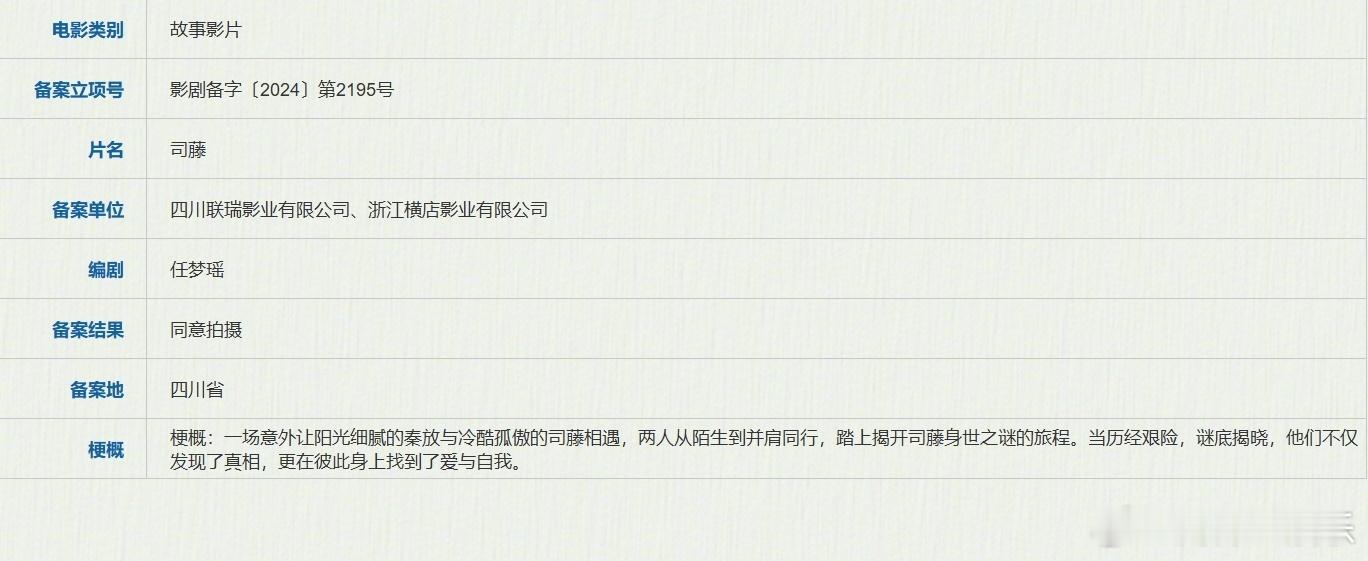 电影版司藤立项 据国家电影局关于2024年10月下全国电影剧本（梗概）备案、立项